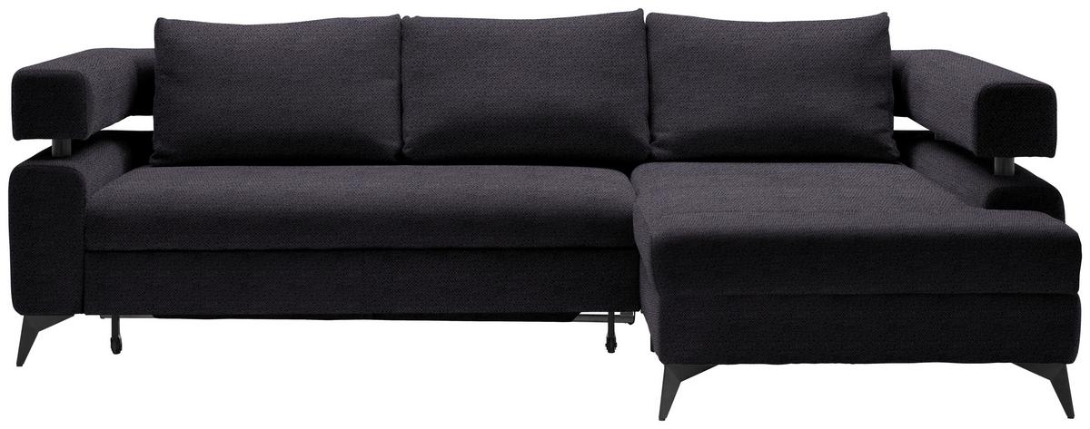 Rohová sedačka ROSALIE, pravá s úložným prostorem a lůžkem - černá, Konvenční, kov/textil (265/184cm)