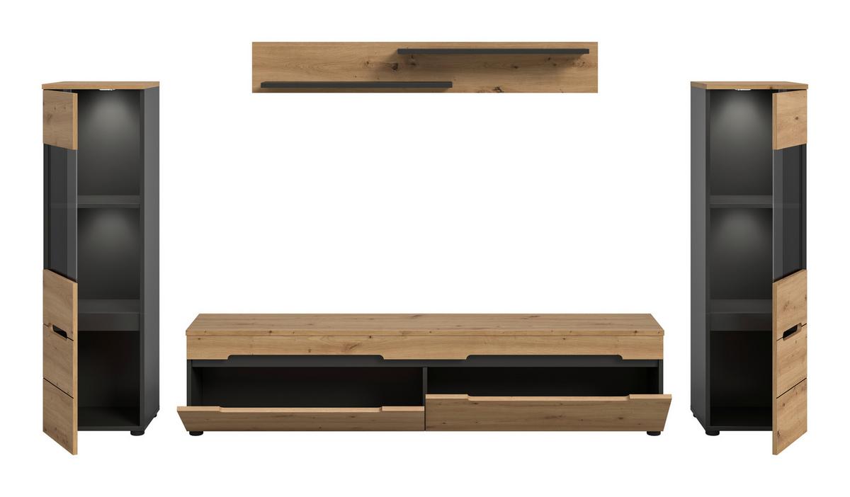 Wohnwand Canu Eiche Artisan Dekor B: 272cm - Schwarz/Eiche Artisan, Design, Holzwerkstoff (272/141/33cm) - Livetastic