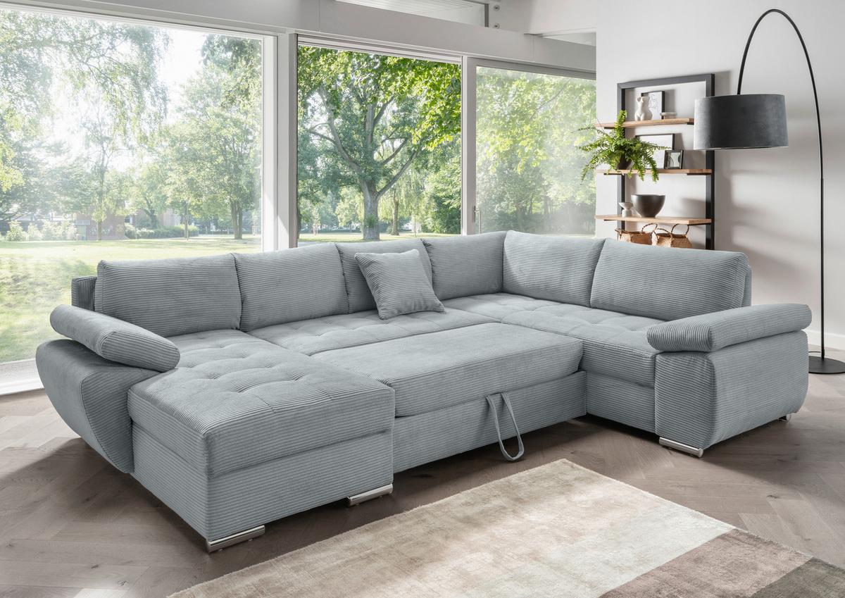 Wohnlandschaft Terana mit Schlaffunktion, Hellblau - Chromfarben/Hellblau, KONVENTIONELL, Textil (157/305/219cm) - Livetastic