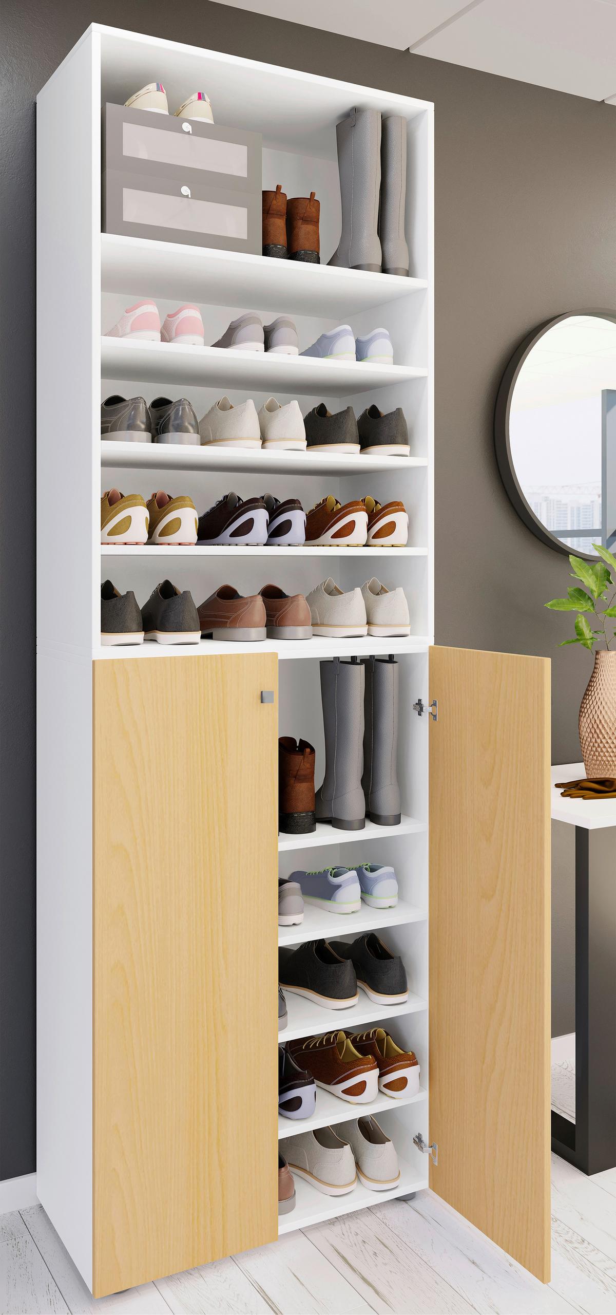 Schuhschrank Lona Weiß Buchefarben Dekor - Buchefarben/Schwarz, Design, Holzwerkstoff (70/220/40cm) - MID.YOU