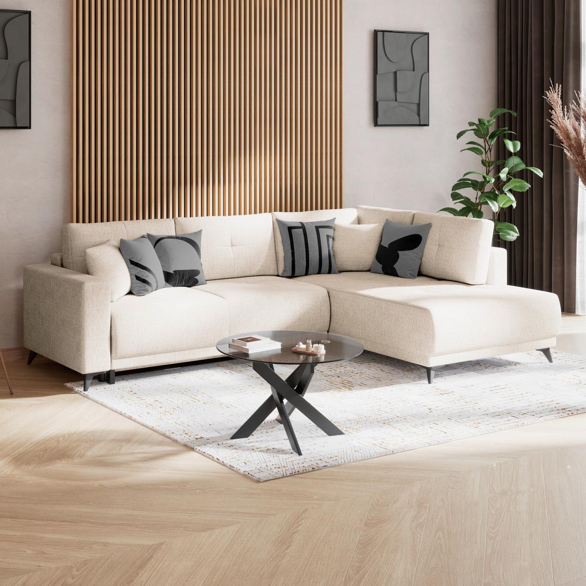 Ecksofa mit Schlaffunktion & Bettkasten Texas Beige - Beige/Schwarz, KONVENTIONELL, Holz (259/203cm)