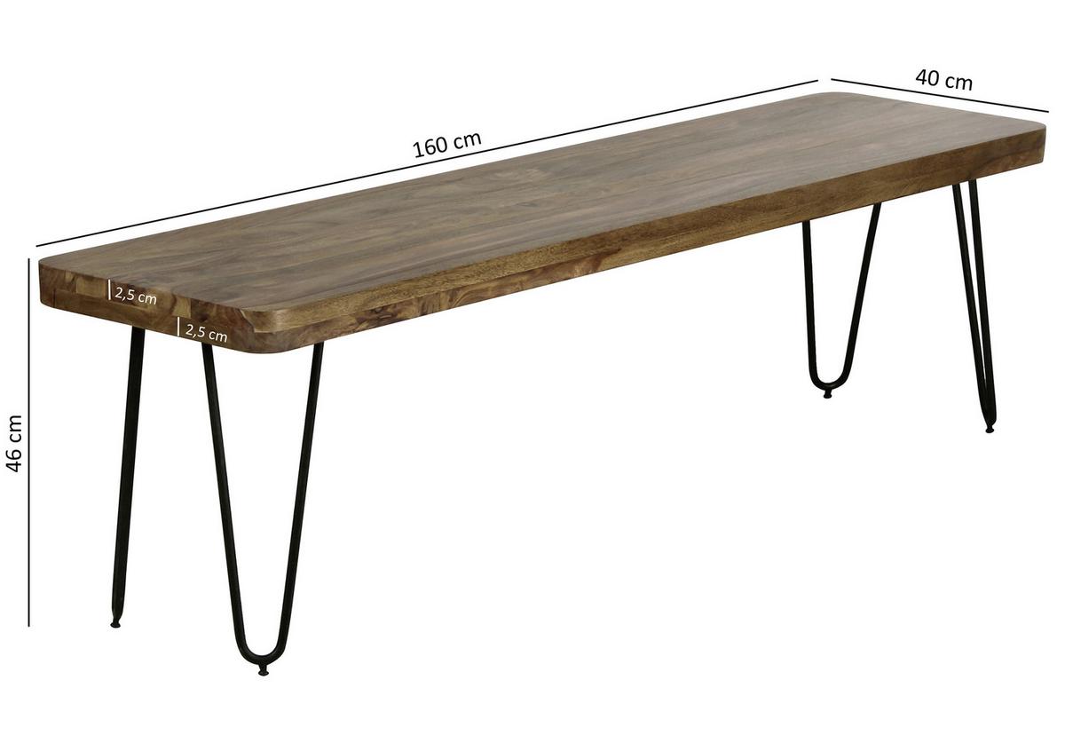 Lavice z masivního dřeva Bagli š: 160 cm - černá/barvy sheesham, Moderní, kov/dřevo (160/46/40cm) - MID.YOU