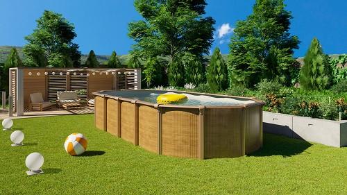 Schwimmbecken Oval Wood Braun mit Leiter L: 730 cm - Sandfarben/Braun, Basics, Kunststoff (730/370/130cm)