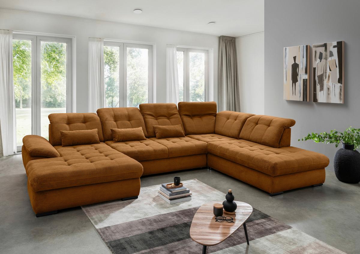 Wohnlandschaft mit Bettkasten Rigatti Goldfarben B: 387 cm - Goldfarben/Schwarz, MODERN, Textil (184/387/252cm) - Livetastic