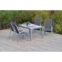 Gartentischgruppe Amaro 5--Teilig. Aus Aluminium - Anthrazit/Silberfarben, KONVENTIONELL, Glas/Textil - Gardenson