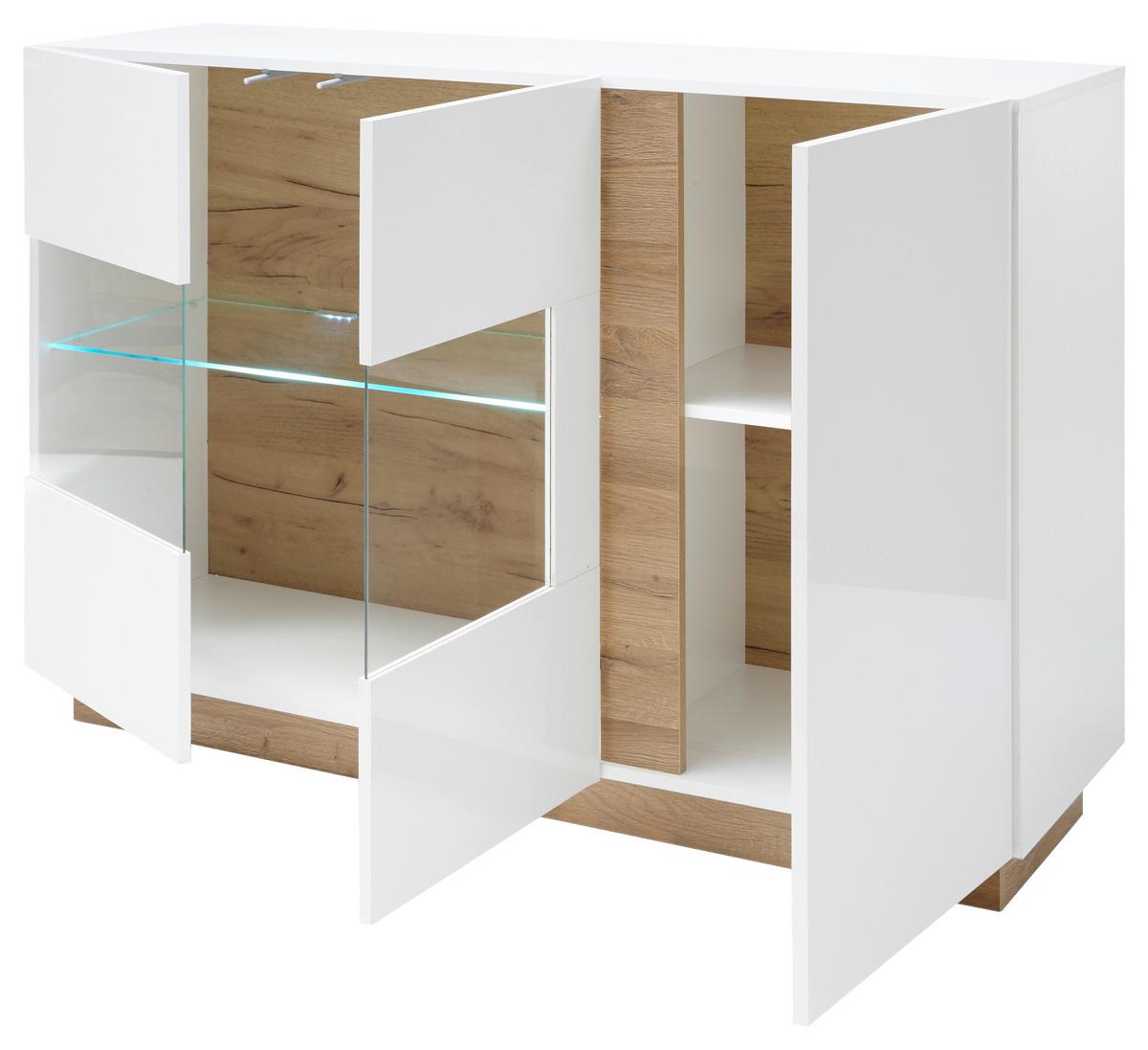 Sideboard Clair Weiß/Eiche Dekor B:138cm - Eichefarben/Weiß, Design, Glas/Holzwerkstoff (138/91/40cm) - MID.YOU