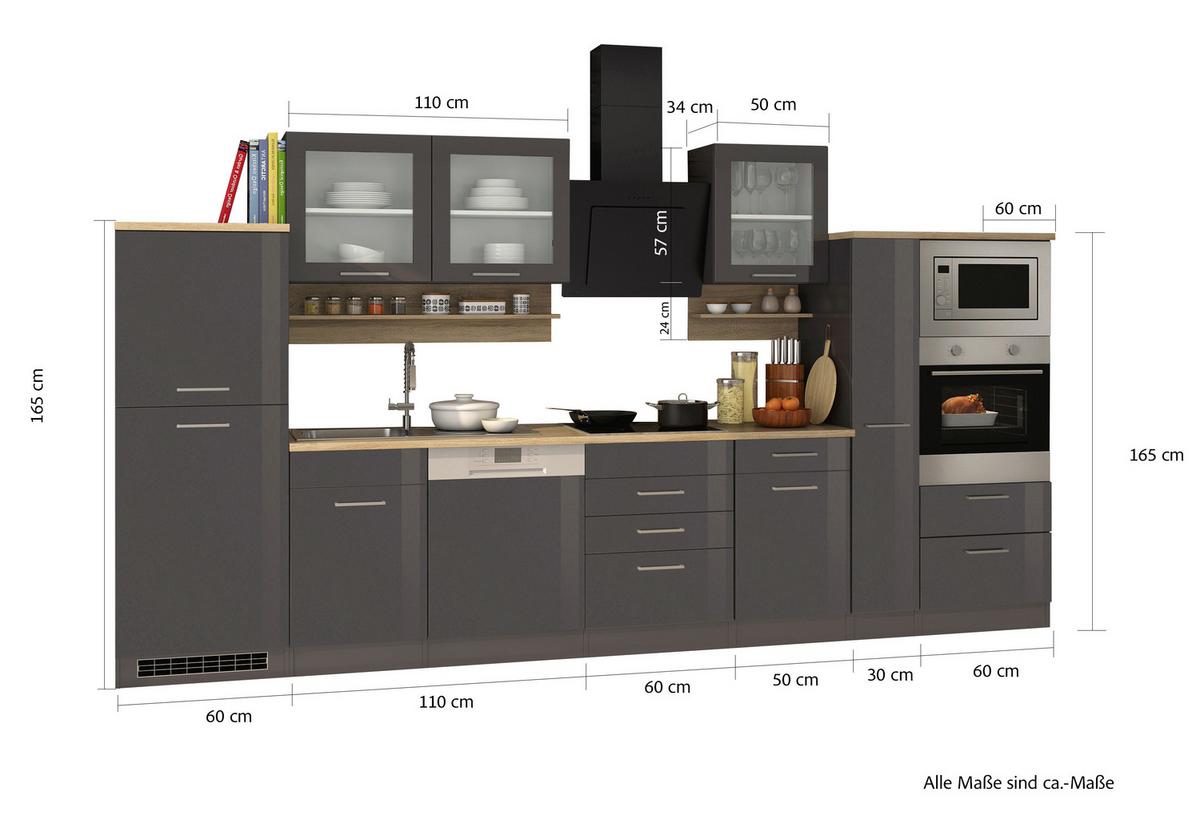 Küchenblock Mailand Graphitfarben B: 370cm - Graphitfarben/Sonoma Eiche, MODERN, Glas/Holzwerkstoff (370cm) - Held