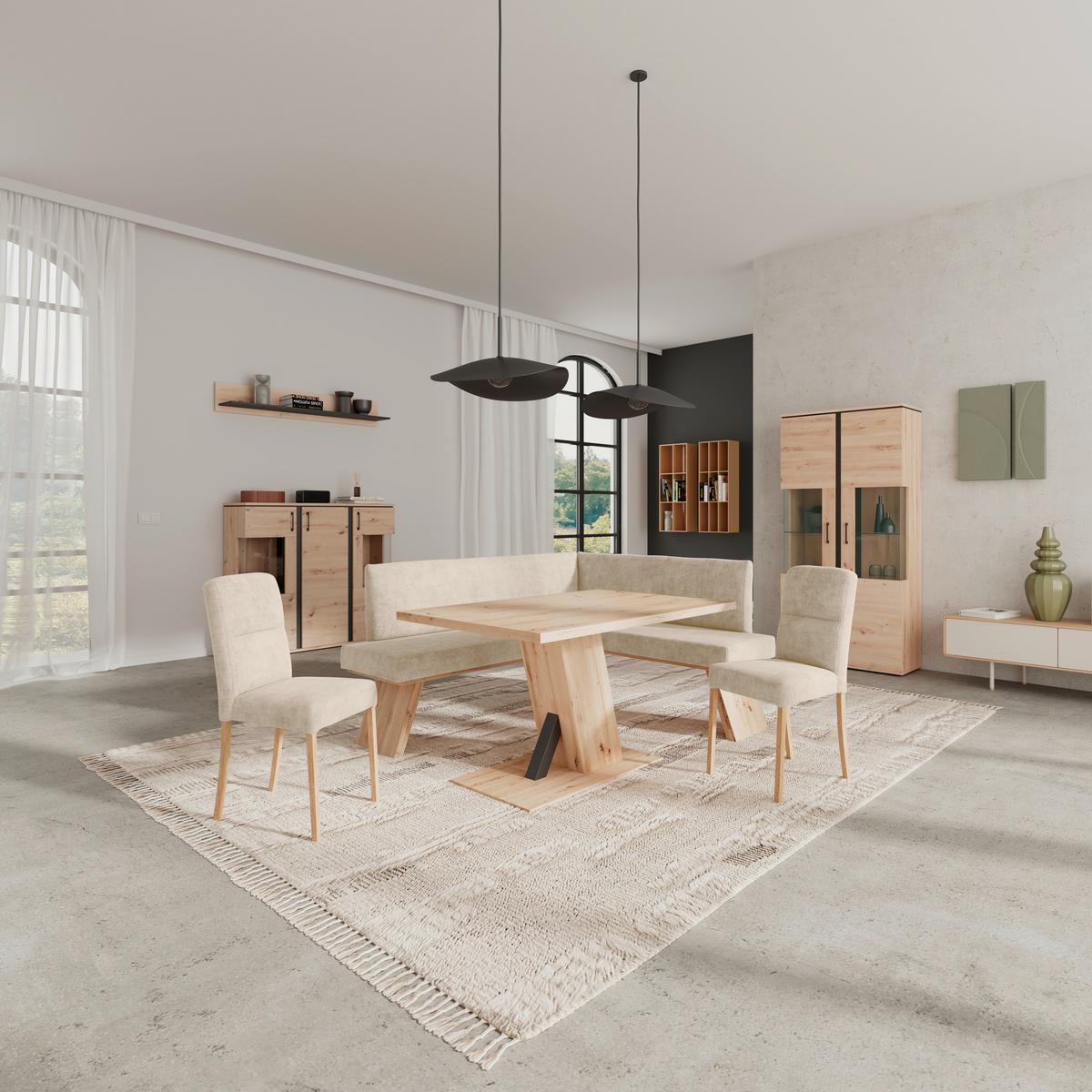 Eckbank Emma Ii Webstoff Beige, B: 185 Cm - Eichefarben/Beige, KONVENTIONELL, Holzwerkstoff/Textil (185/150cm)