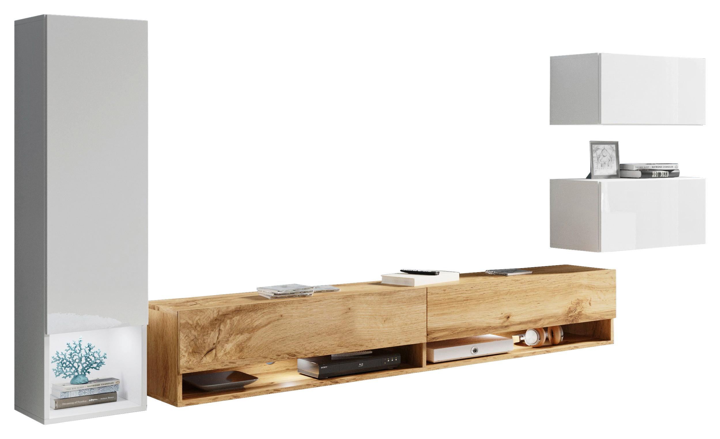 Obývacia stena, 4-dielna sada, s LED osvetlením - biela s vysokým leskom/dub wotan, Lifestyle, kompozitné drevo (270/130/32,5cm) - P & B