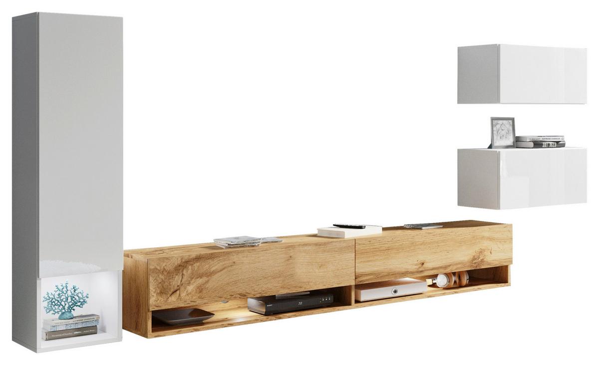 Obývacia stena, 4-dielna sada, s LED osvetlením - biela s vysokým leskom/dub wotan, Lifestyle, kompozitné drevo (270/130/32,5cm) - P & B