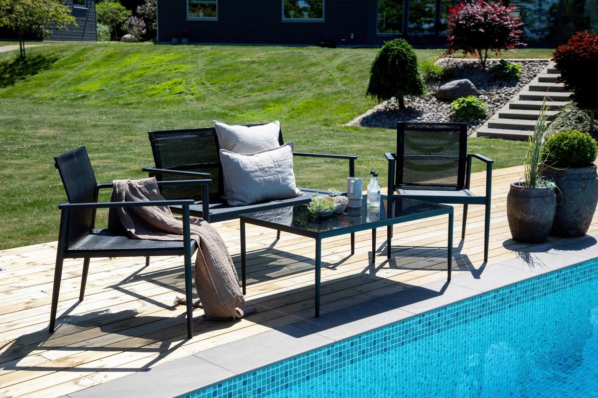 Gartengarnitur 4-Tlg. Break Aluminium/Glas - Schwarz, KONVENTIONELL, Glas/Textil - Gardenson