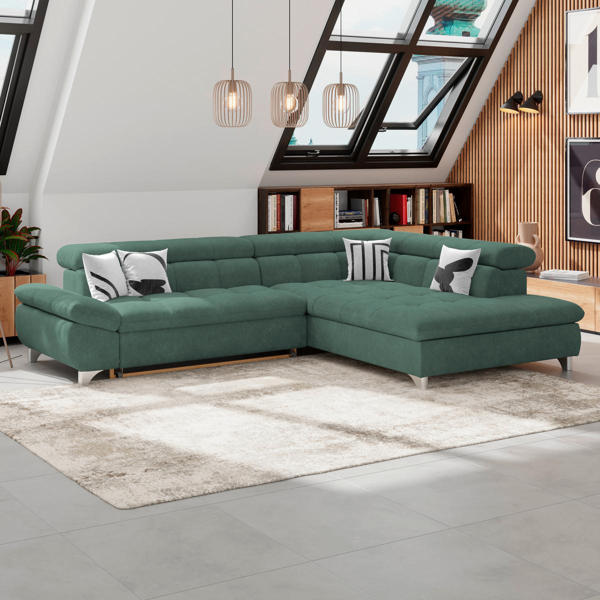 Ecksofa Gemini Waldgrün, B: 312cm - Waldgrün/Chromfarben, KONVENTIONELL, Textil (312/234cm)