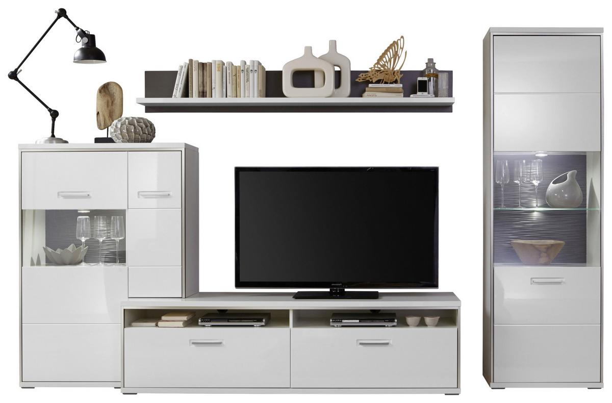 Wohnkombination 4-tlg. Trento Grau/silbern/weiß - Weiß Hochglanz/Silberfarben, Design, Glas/Holzwerkstoff (319/201/52cm) - Livetastic