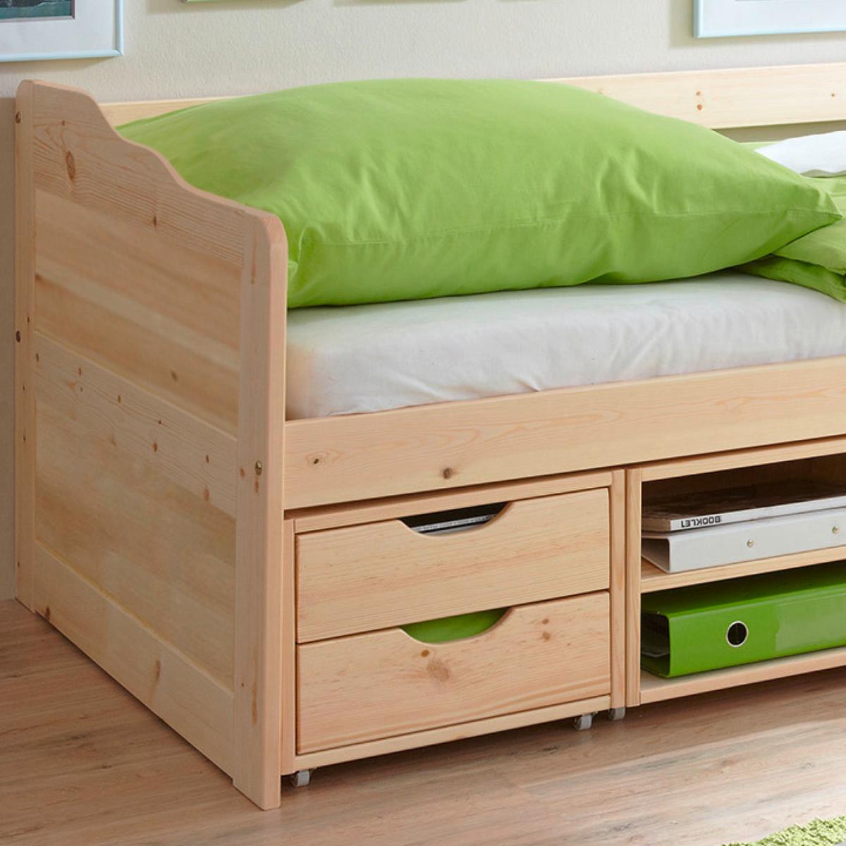 Stauraumbett Echtholz Massiv 90x200 Marlies, Kiefer Natur - Kieferfarben, MODERN, Holz (90/200cm) - MID.YOU