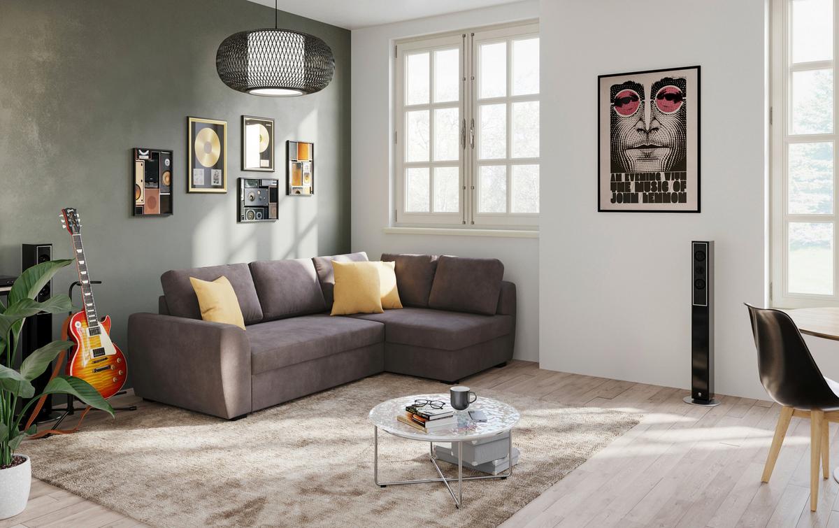Ecksofa mit Bettfunktion Drift Microfaser braun, B: 253cm - Schwarz/Braun, Trend, Textil (253/154cm)
