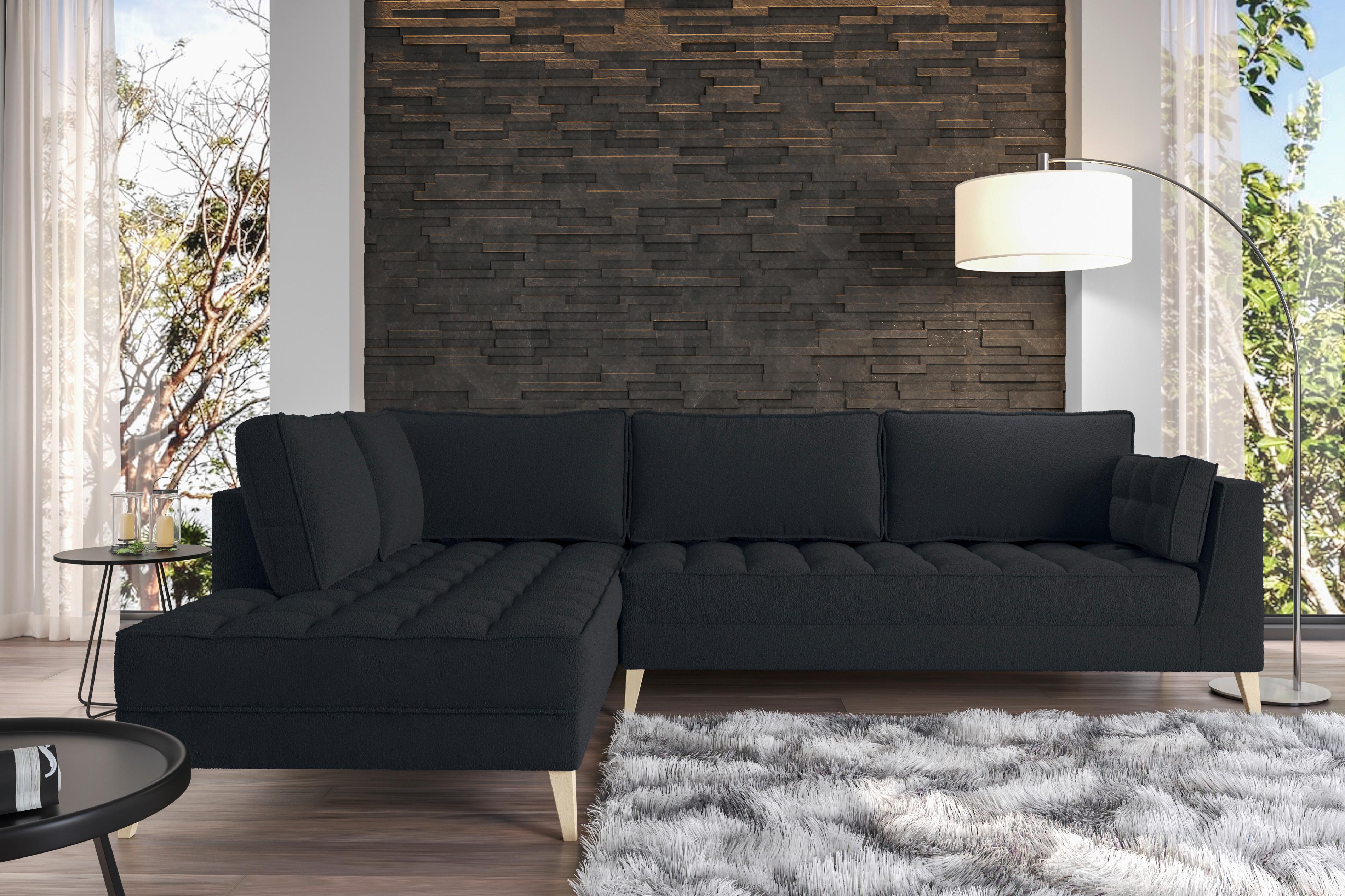 Rohová sedačka DOTI, levá, černá - černá/přírodní barvy, Design, kompozitní dřevo/textil (204/310cm) - MID.YOU