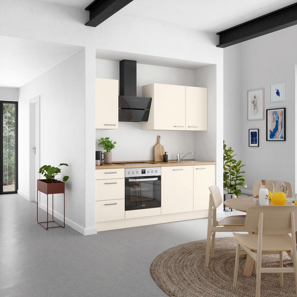 Kuchyňská linka 210 cm, magnóliová supermatná - barvy dubu/magnolie, Moderní, kov/kompozitní dřevo (210cm) - Nobilia