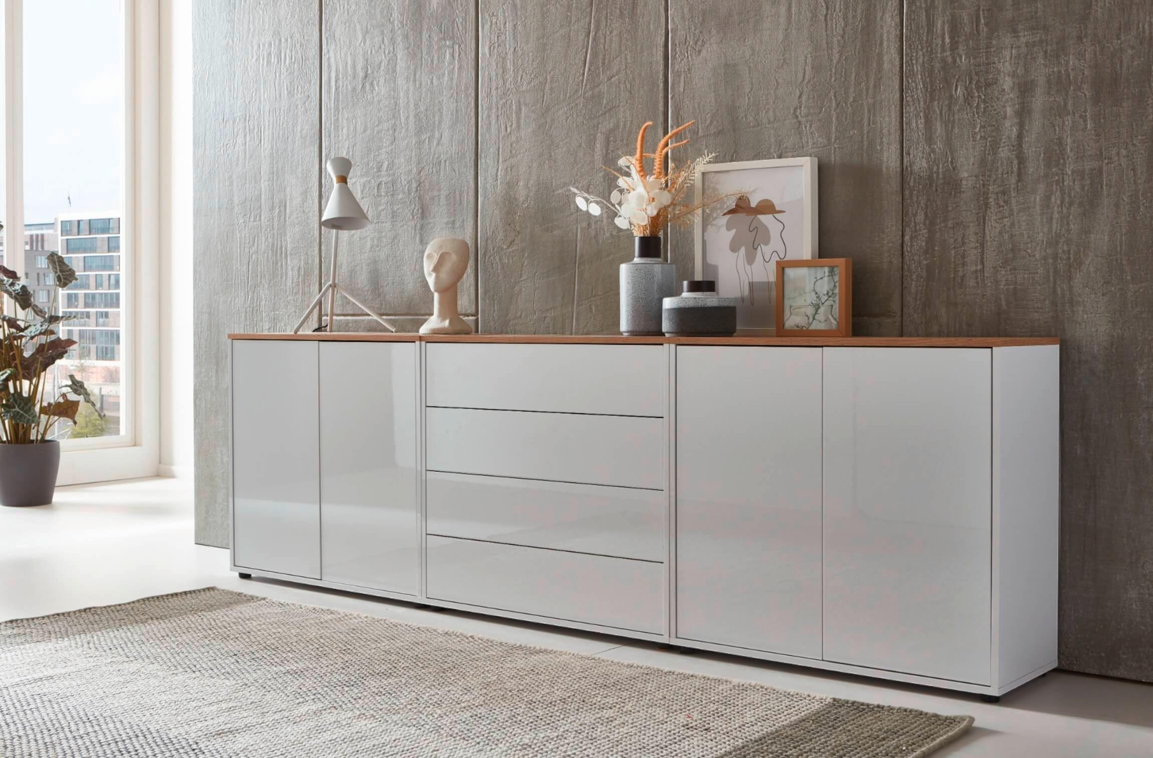 Sideboard Mailand5 B:237cm Weiß/eiche - Weiß Hochglanz/Schwarz, MODERN, Holzwerkstoff (237/73/33cm) - MID.YOU