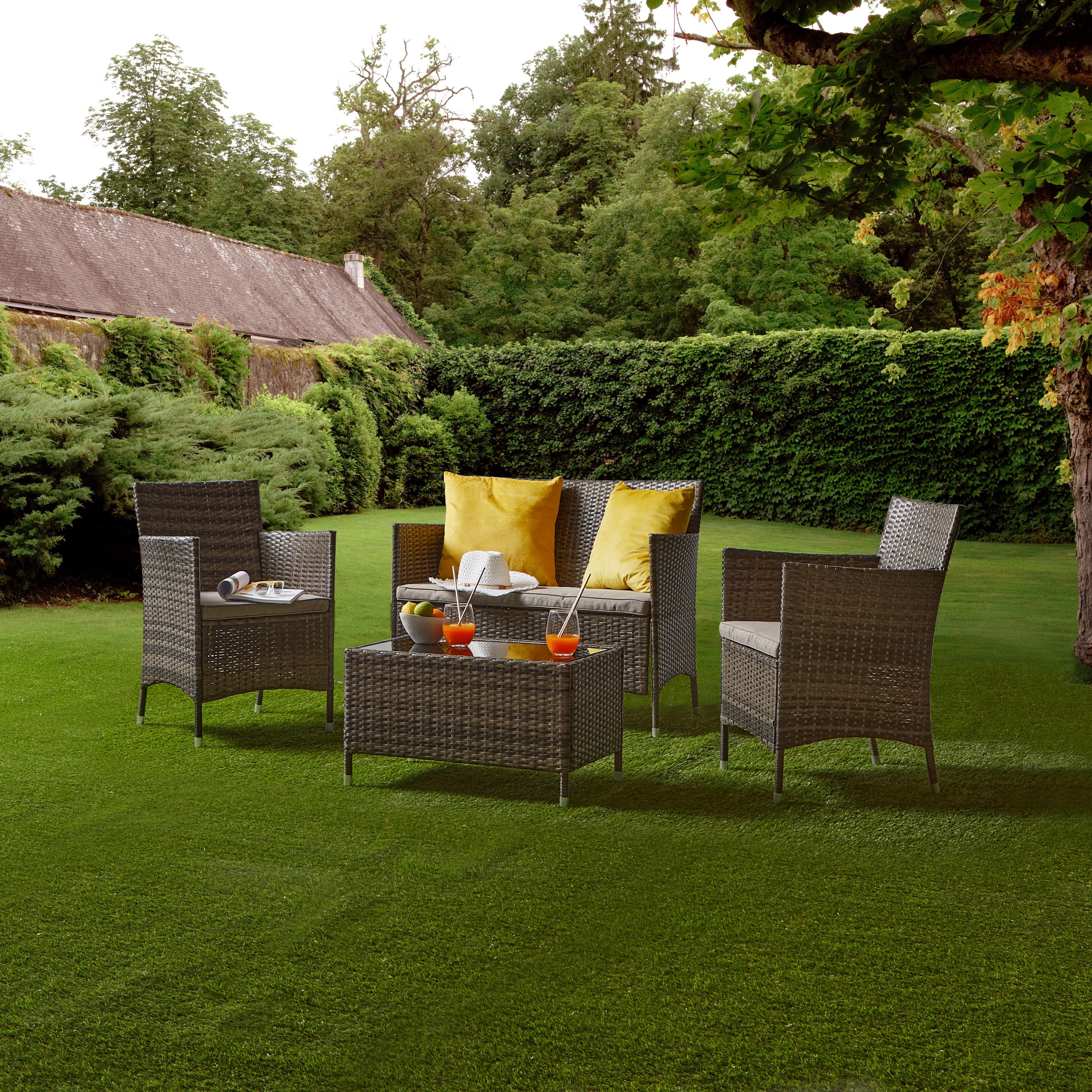 Loungegarnitur 4-Tlg Valencia Kunststoff/Glas mit Kissen - Dunkelbraun/Creme, MODERN, Glas/Kunststoff - Ondega