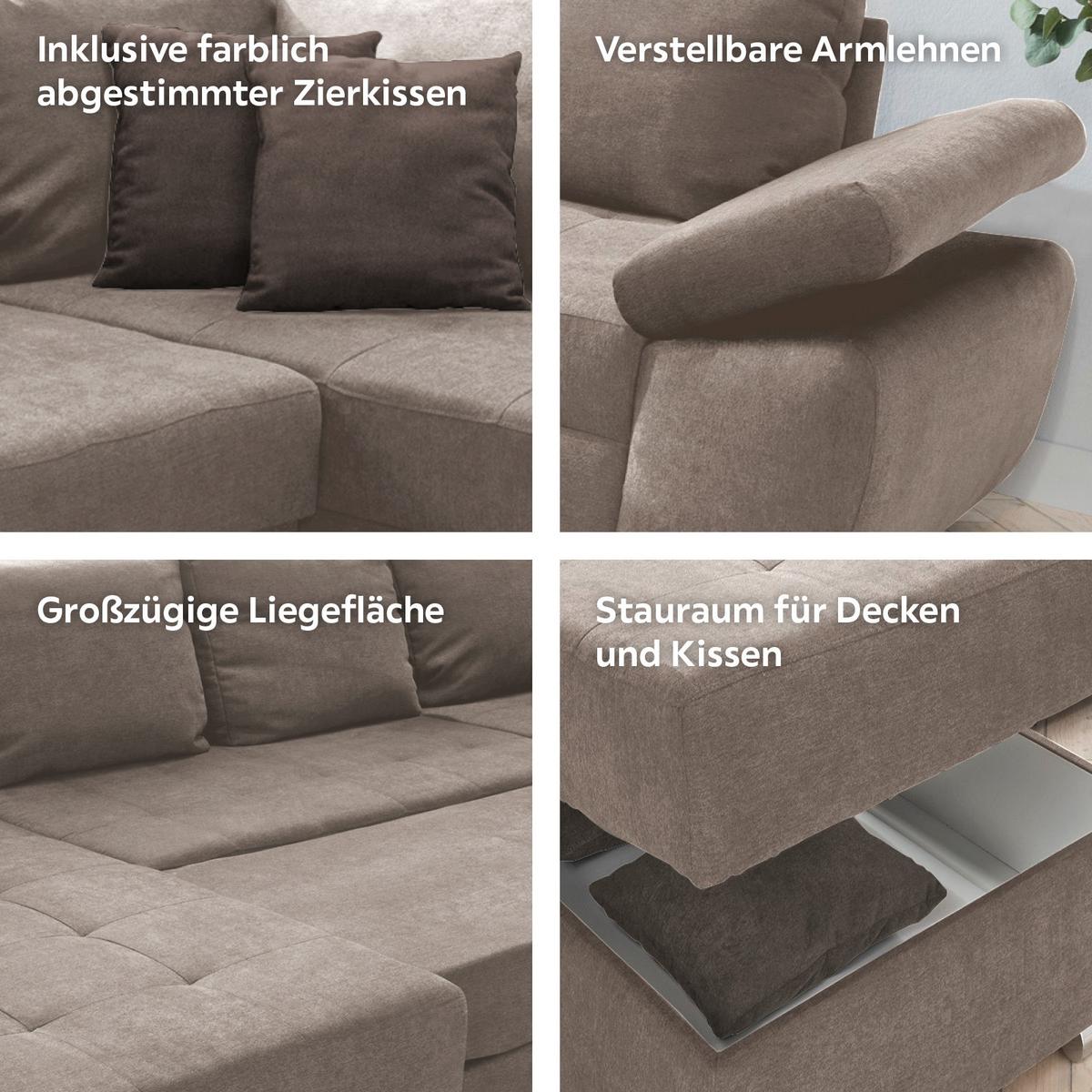 Wohnlandschaft Terana Mit Schlaffunktion, Taupe - Taupe/Chromfarben, KONVENTIONELL, Textil (157/305/219cm) - Livetastic