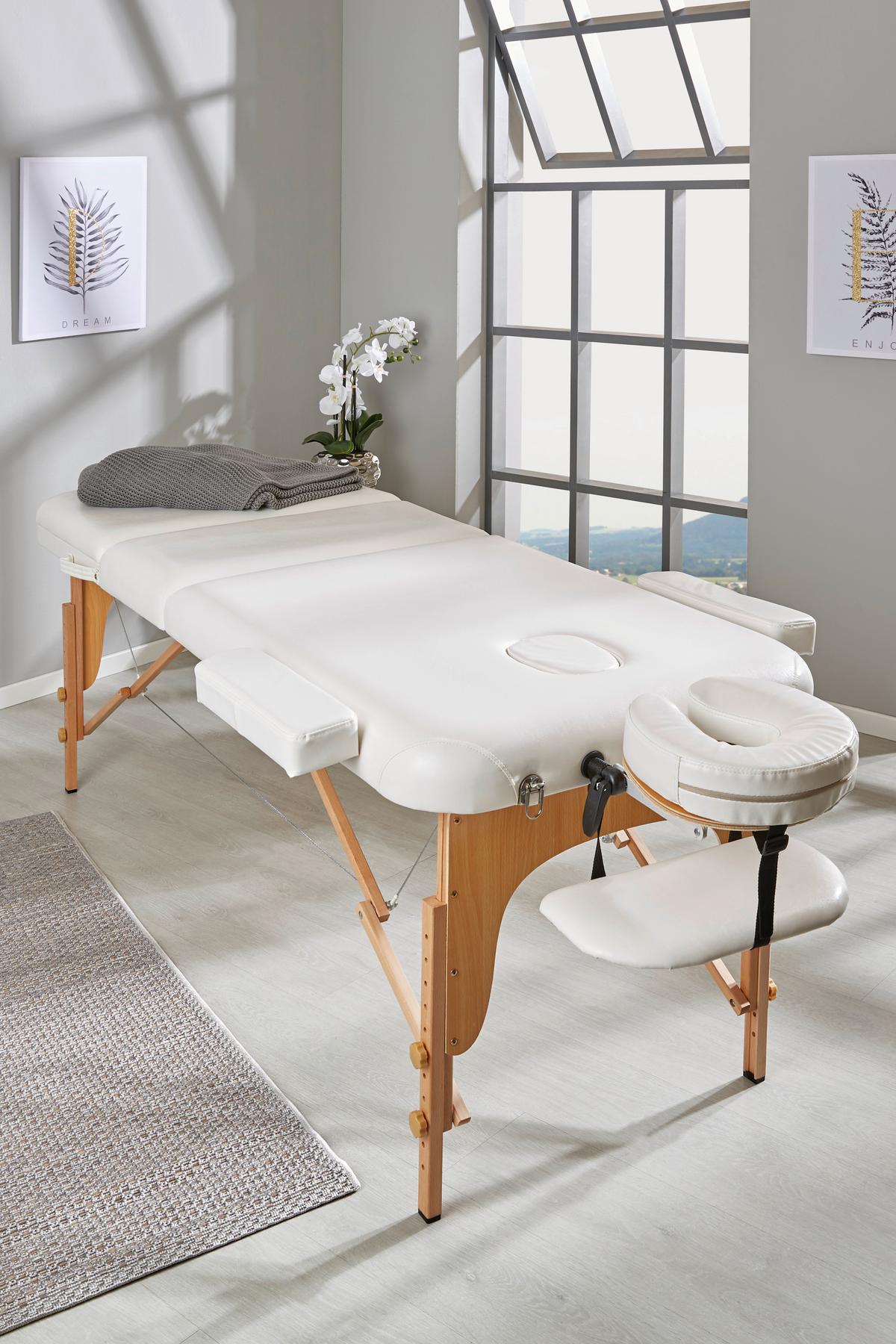 Massageliege Wooden Weiß Holzgestell, Höhenverstellbar - Beige/Buchefarben, MODERN, Holz/Holzwerkstoff (185/70/62-85cm) - Ondega