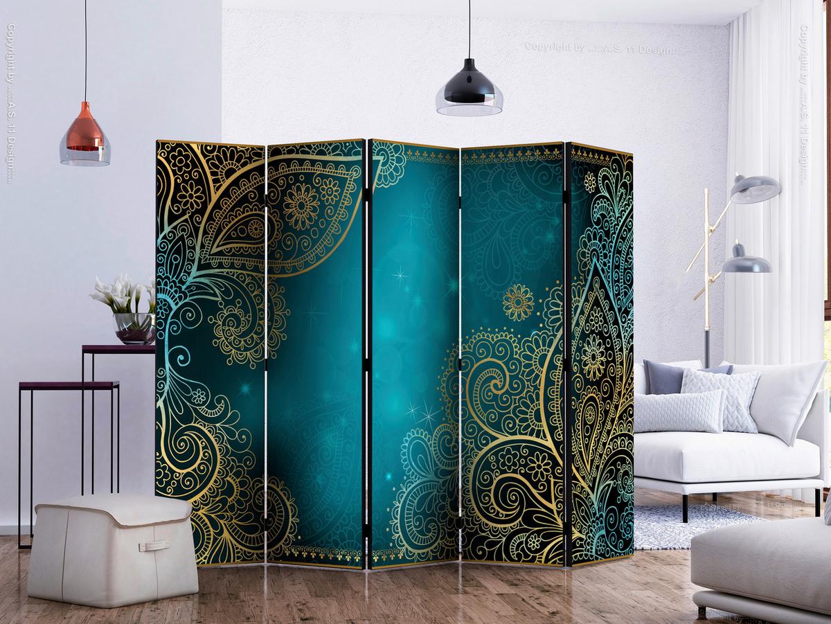 Paravent Blau Goldfarben B: 225 cm - Blau/Goldfarben, Basics, Holz/Textil (225/172/3cm) - artgeist