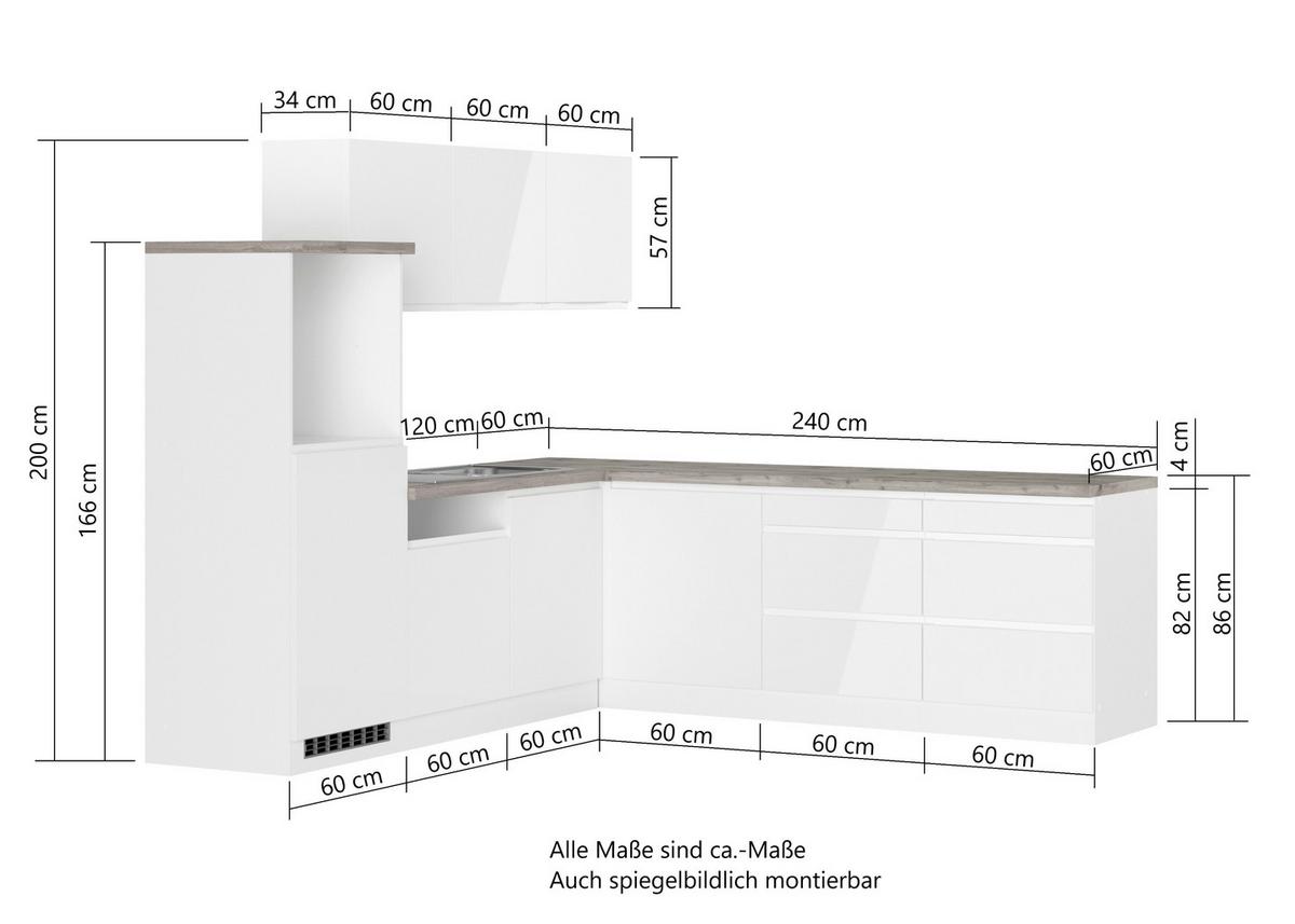 Eckküche Monza Ohne Geräte 240x240 Cm Weiß/eiche Dekor - Weiß Hochglanz/Eiche Wotan, LIFESTYLE, Holzwerkstoff (240/240cm) - Held