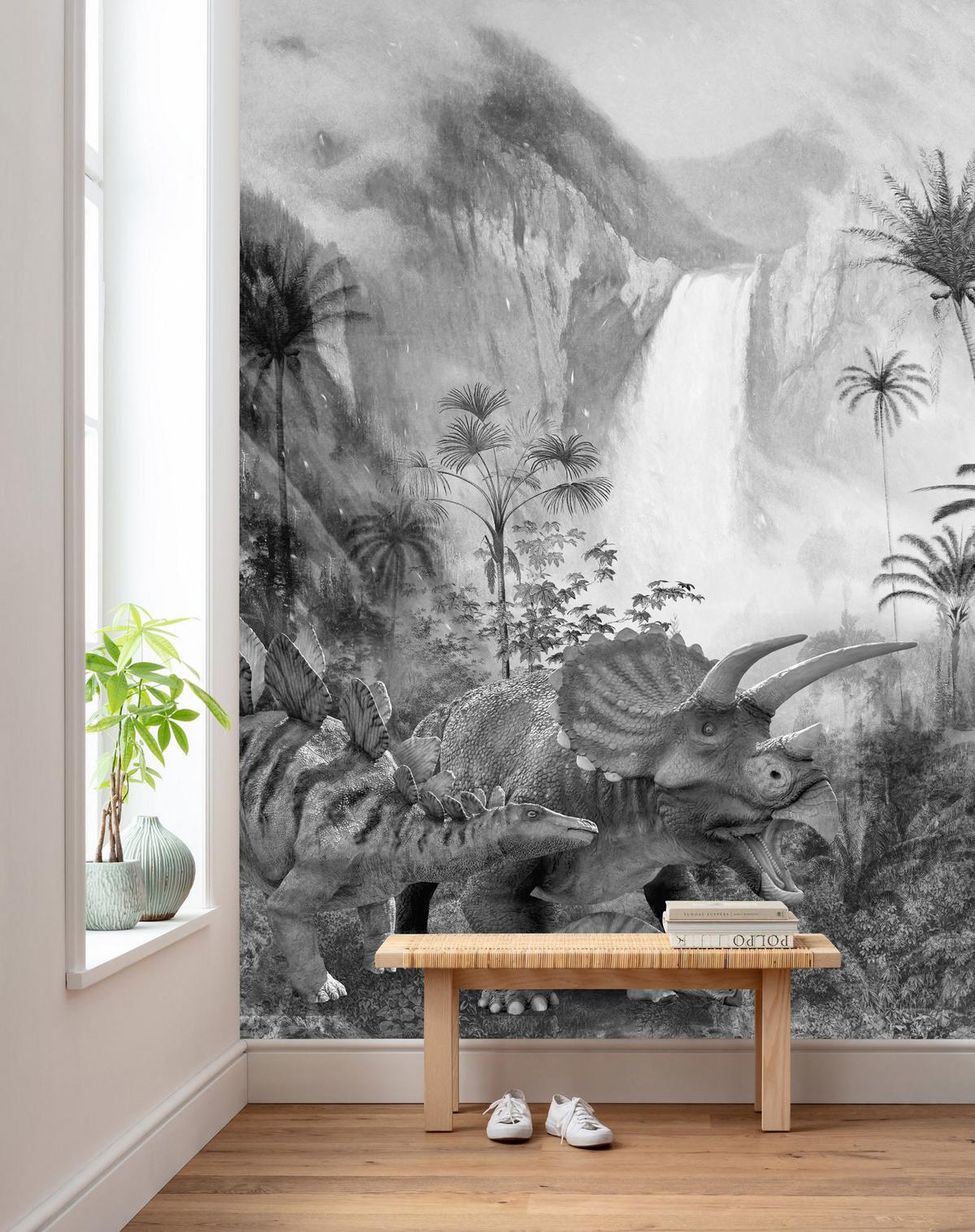 Fototapete Jurassic Waterfall - Schwarz/Weiß, Trend, Papier (200/280cm)