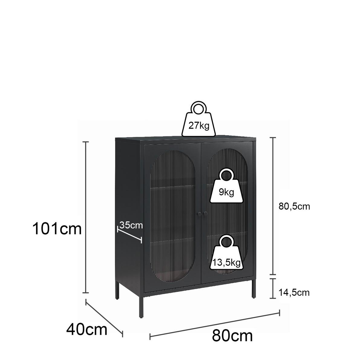 Highboard Luna Schwarz B: 80 cm - Schwarz, Design, Glas/Metall (80/102/40cm) - MID.YOU