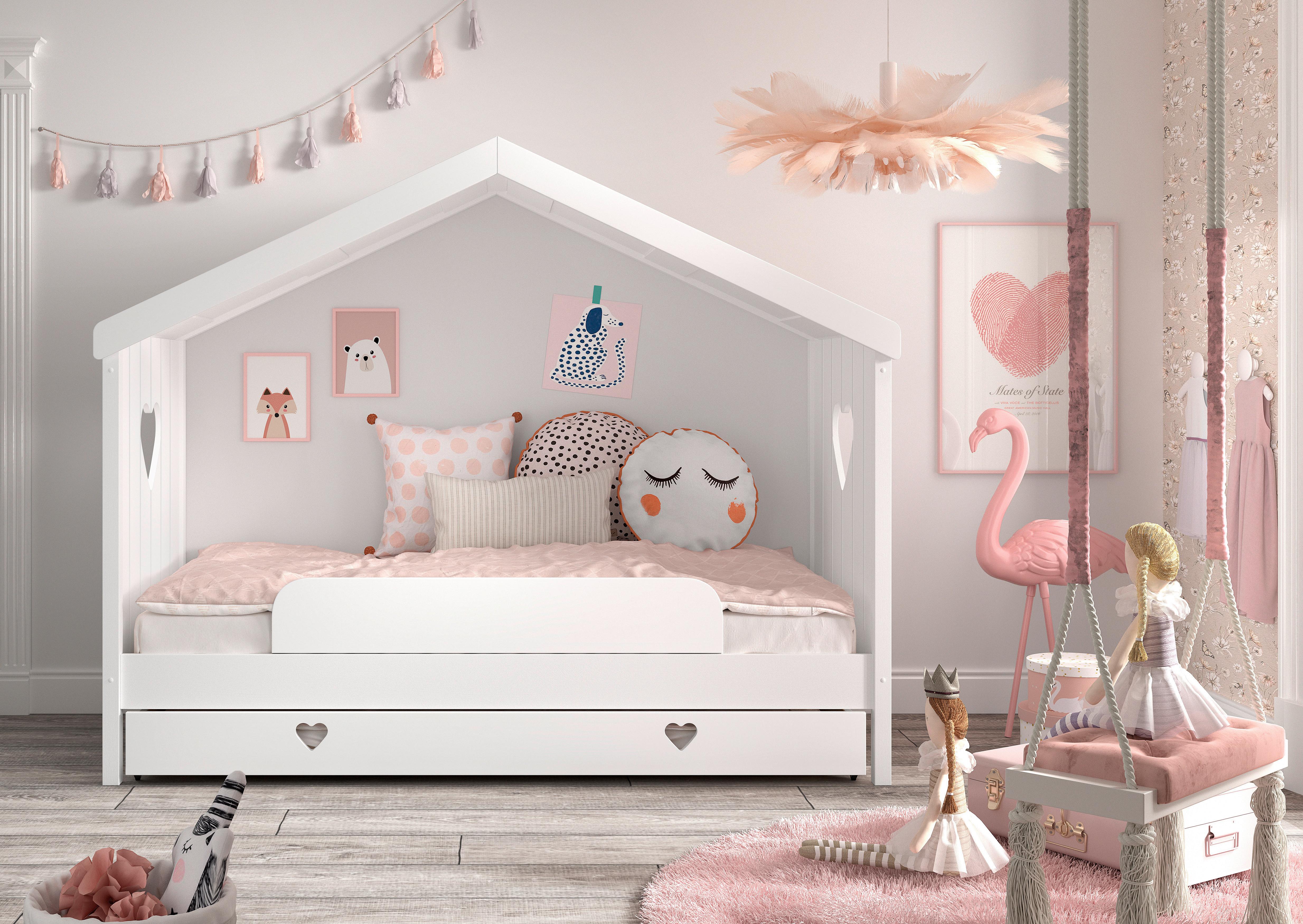 Hausbett Amori 90x200cm Kiefer Weiß, Lade+Rollrost+Sicherung