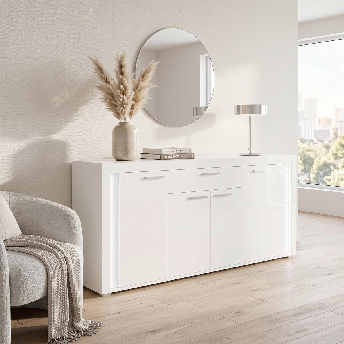 Široká komoda, š: 182 cm - biela/biela s vysokým leskom, Design, kompozitné drevo/plast (182/84/42cm) - MID.YOU