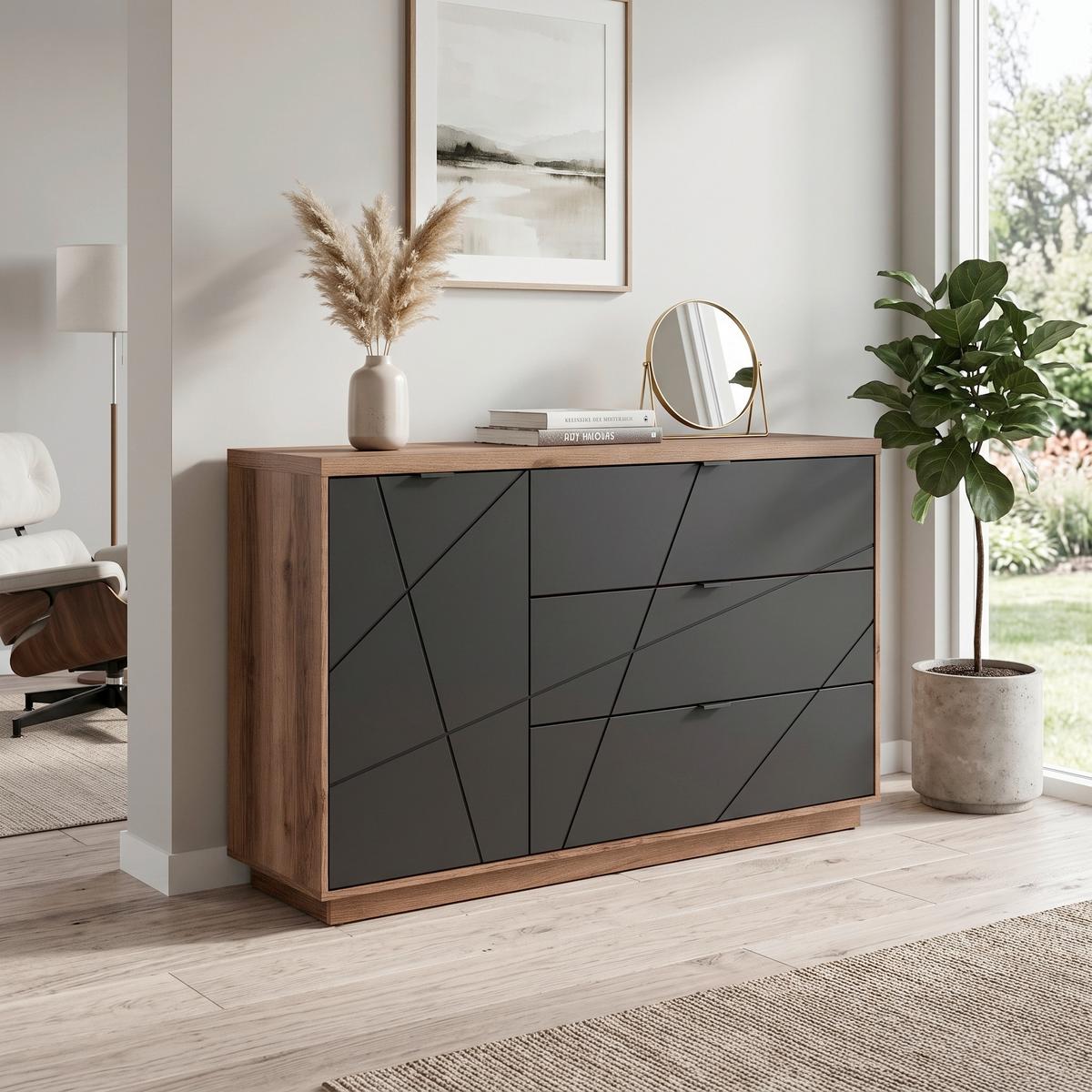 Sideboard 156cm Eiche Dekor, Schwarz matt - Eichefarben/Schwarz, Design, Holzwerkstoff (156/93/42,5cm)
