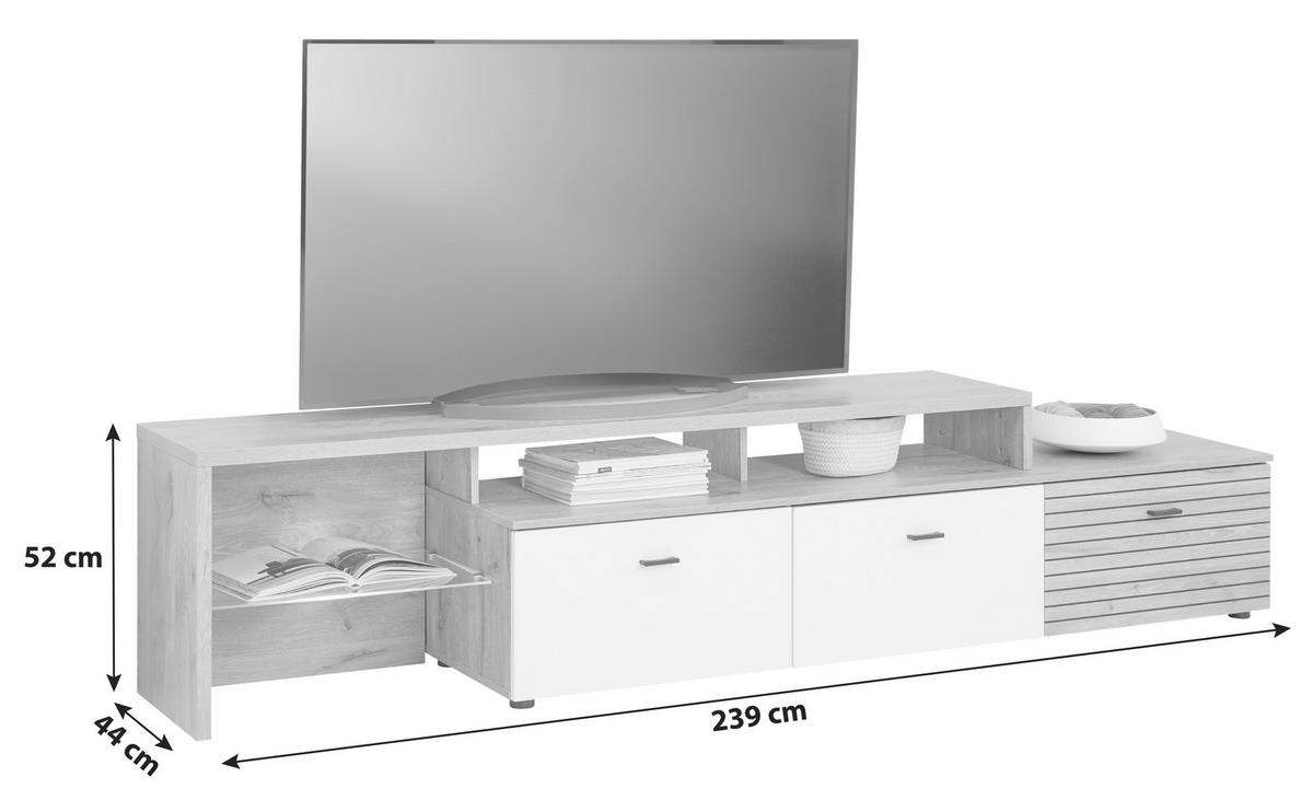 Tv-lowboard Liverpool B: 239 Cm Weiß/eichefarben - Eichefarben/Schwarz, MODERN, Glas/Holzwerkstoff (239/52/44cm)