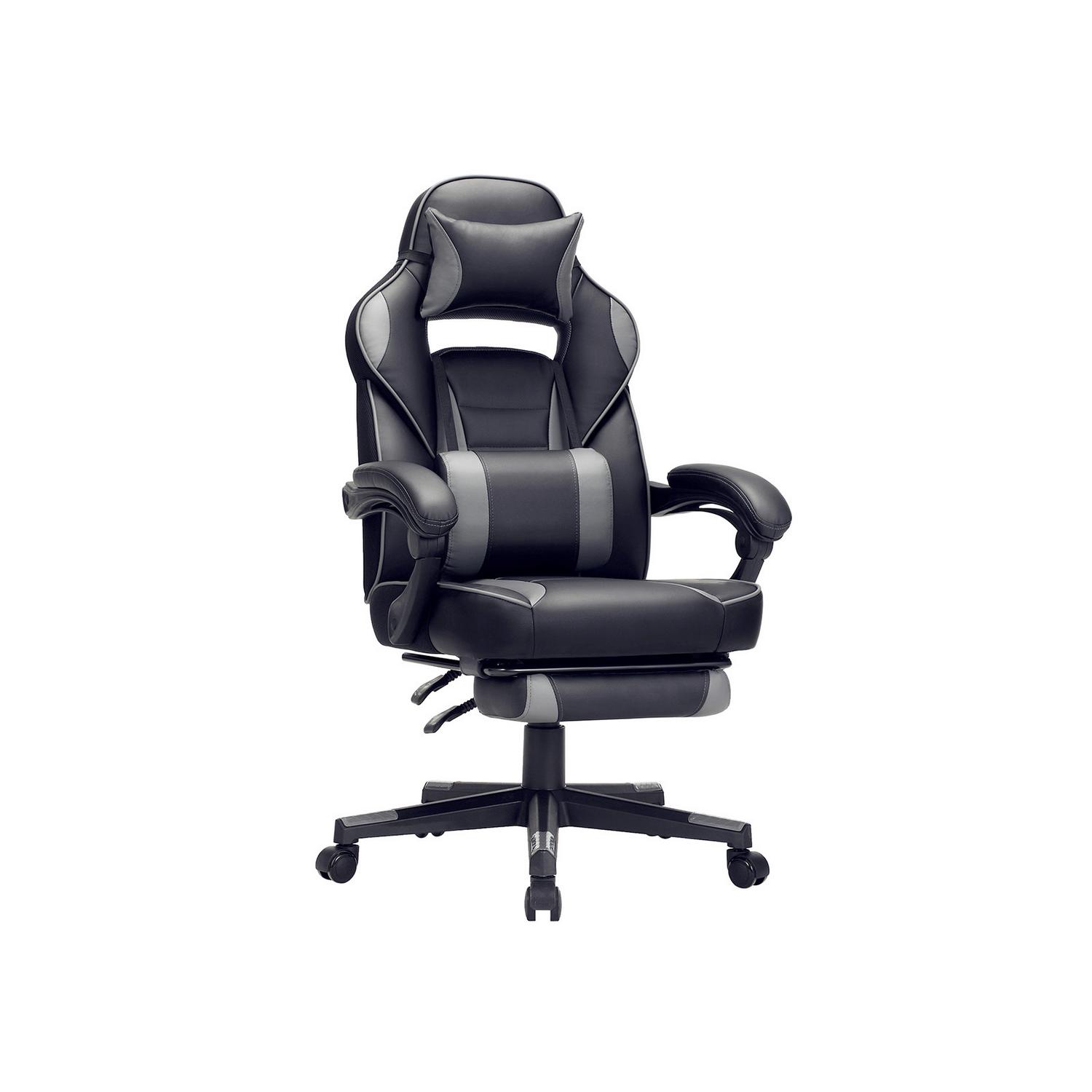 Gaming Stuhl mit Liegefunktion inkl. Kopf-, Nackenstütze Grau, Schwarz 67x116x66 cm