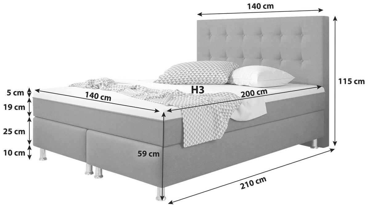 Boxspringbett Mit Topper 140x200 Köln Plus - Silberfarben/Schwarz, KONVENTIONELL, Textil (140/115/210cm) - MID.YOU
