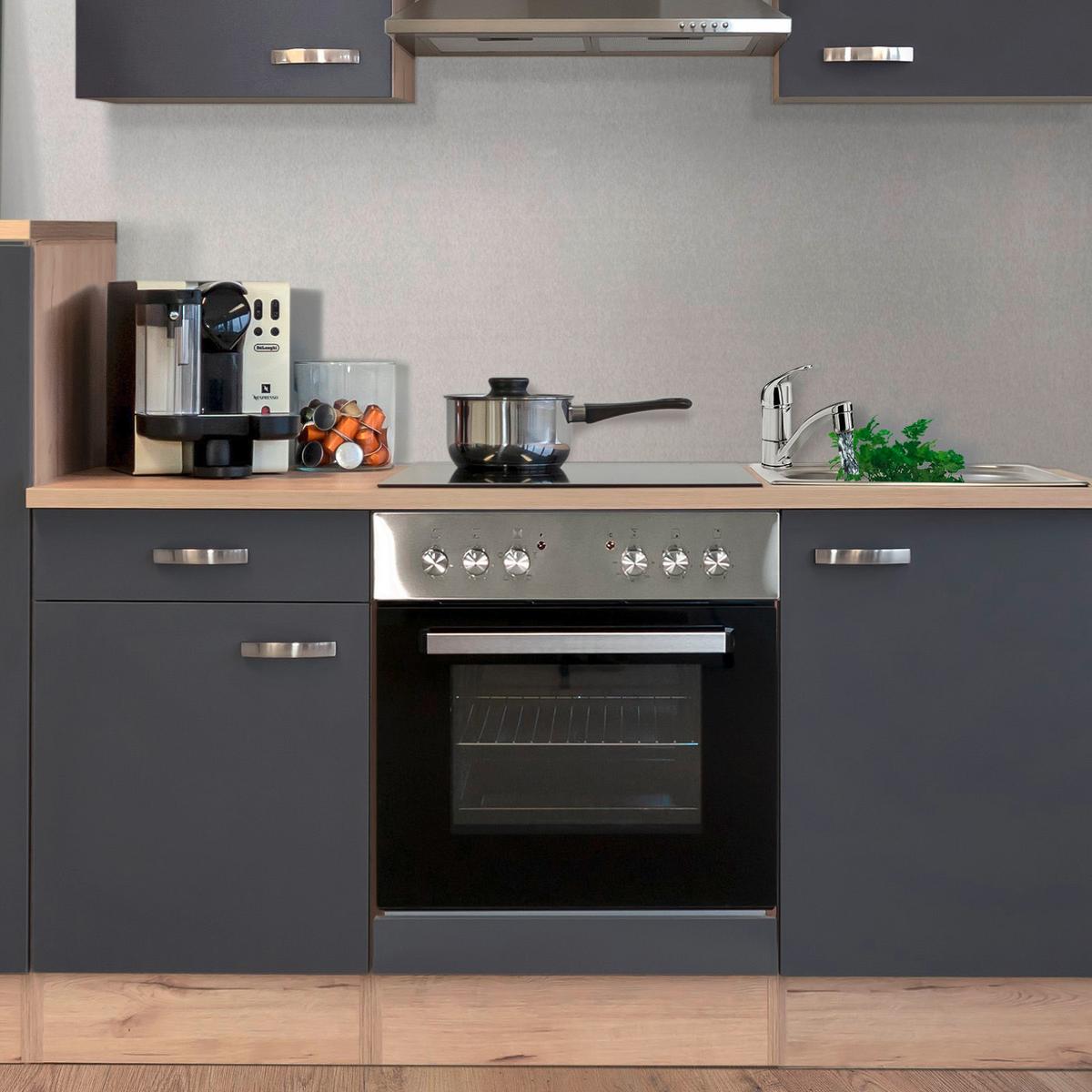 Kuchyňský blok SHADOW vč.4 spotřebičů, šířka 220 cm - dub San Remo/tmavě šedá, Moderní, kov/kompozitní dřevo (220/200/60cm)