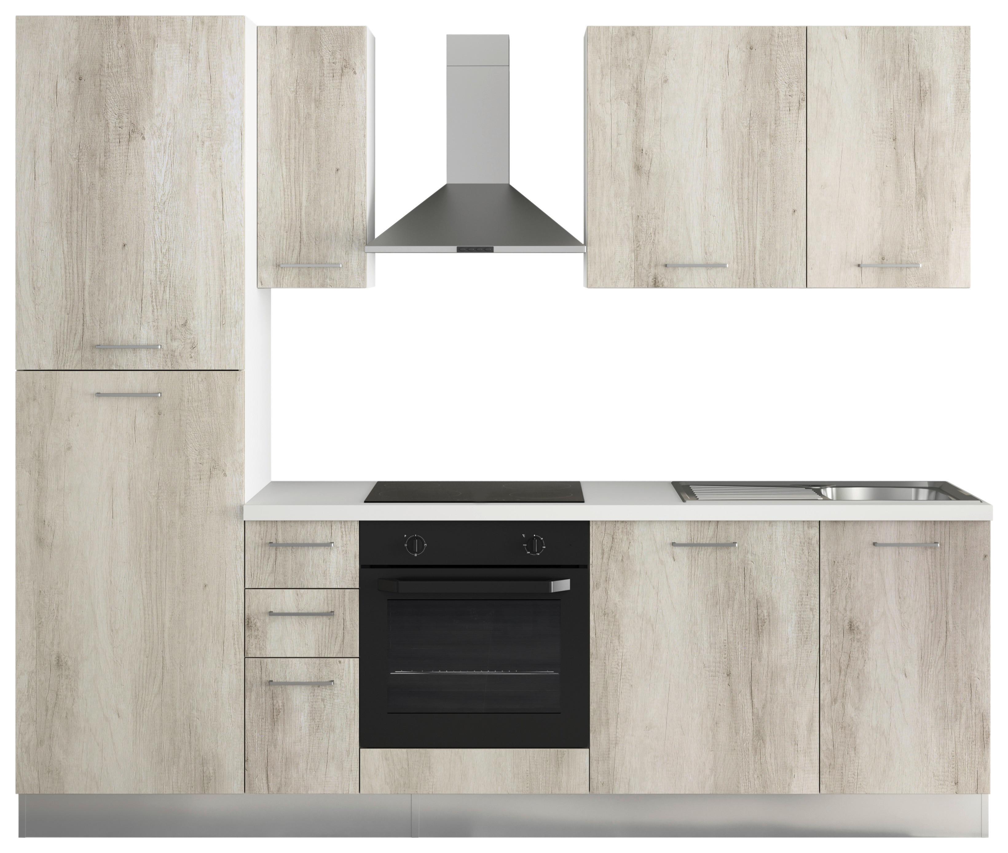 Küchenzeile Gardena mit Geräten 255 cm Eiche Dekor - Eiche Bianco/Alufarben, MODERN, Holzwerkstoff/Kunststoff (255/88/216cm) - MID.YOU