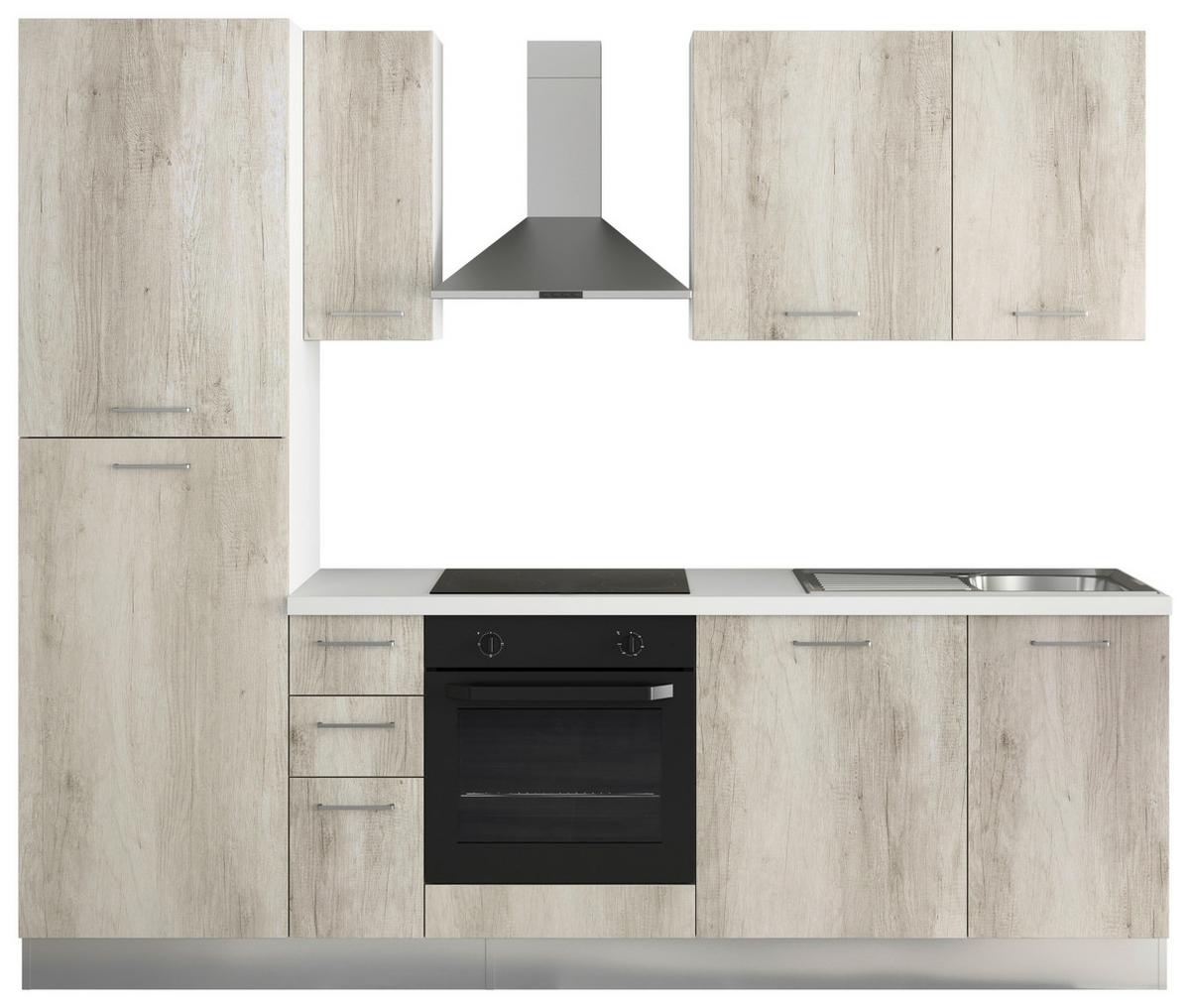 Küchenzeile Gardena mit Geräten 255 cm Eiche Dekor - Eiche Bianco/Alufarben, MODERN, Holzwerkstoff/Kunststoff (255/88/216cm) - MID.YOU
