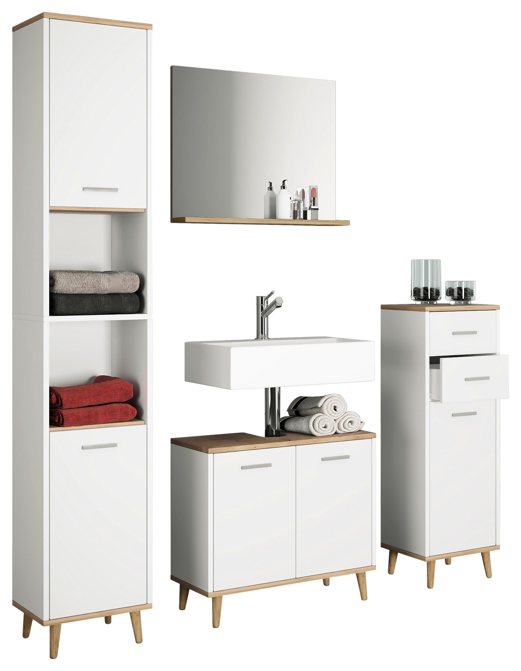Bademöbel-Set 4--Teilig. Landos B: 144 cm Weiß/Eiche Dekor