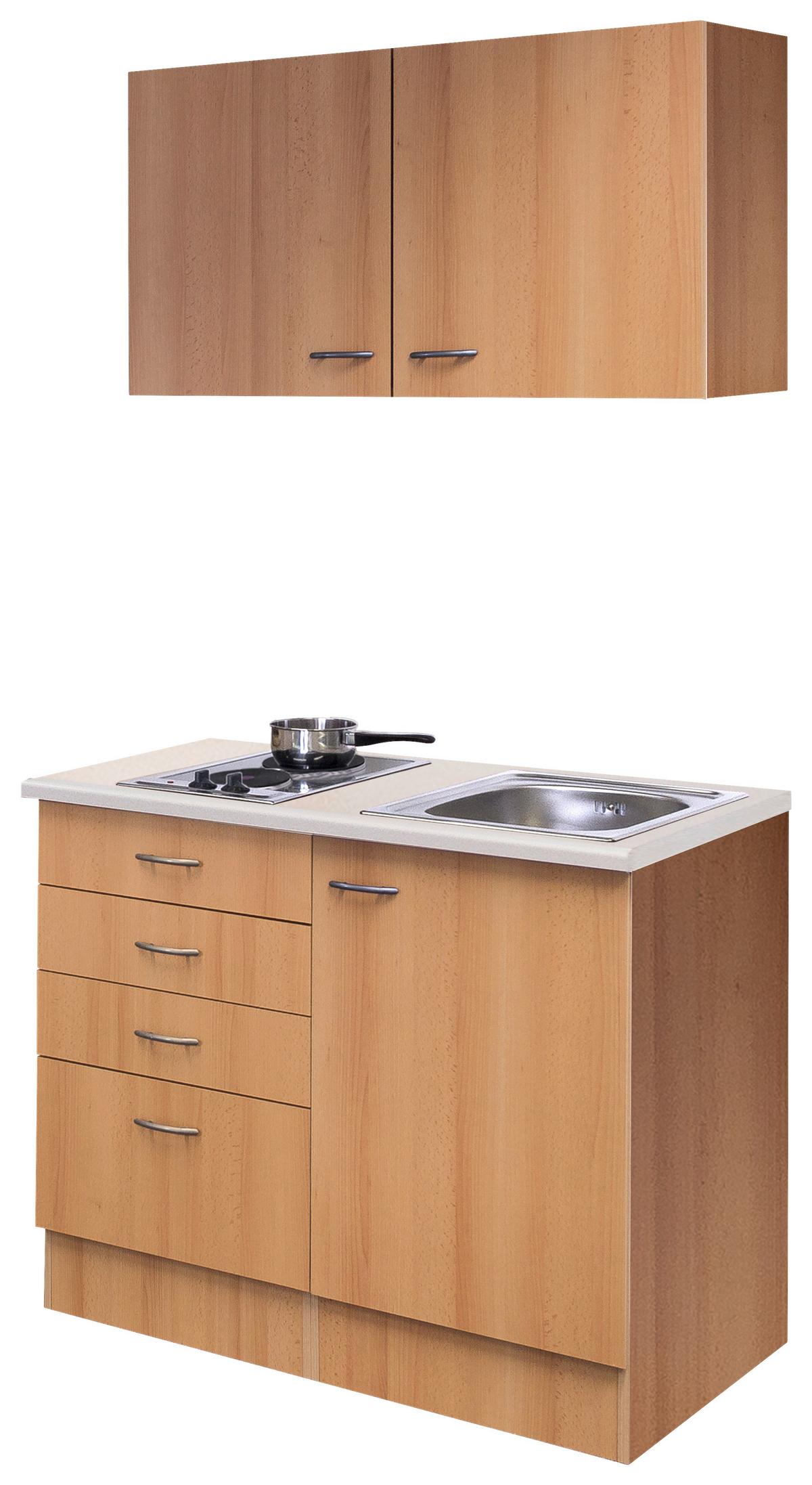 Minikuchyňa NANO, šírka 100 cm vrátane drezu a varnej dosky - farba buka/farba ušľachtilej ocele, Modern, kompozitné drevo/plast (100cm) - FlexWell