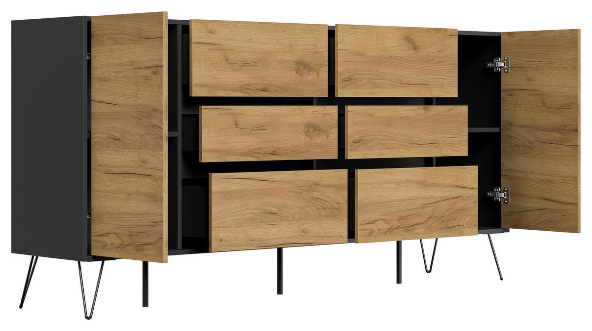 Sideboard Posseik Industrial Graphitfarben /eichef. B:199cm - Eichefarben/Schwarz, Design, Holzwerkstoff (199/93,6/42cm) - P & B