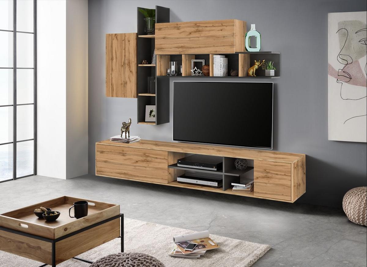 Obývacia stena RAW, š: 220 cm - grafitová/dub wotan, Modern, kompozitné drevo (220/180/40cm) - Based