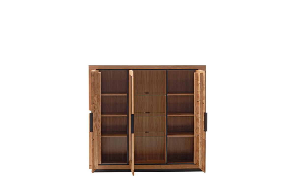 Highboard 156cm Greno Wildeiche Massiv - Wildeiche/Schwarz, ROMANTIK / LANDHAUS, Glas/Holz (153/142/40cm)