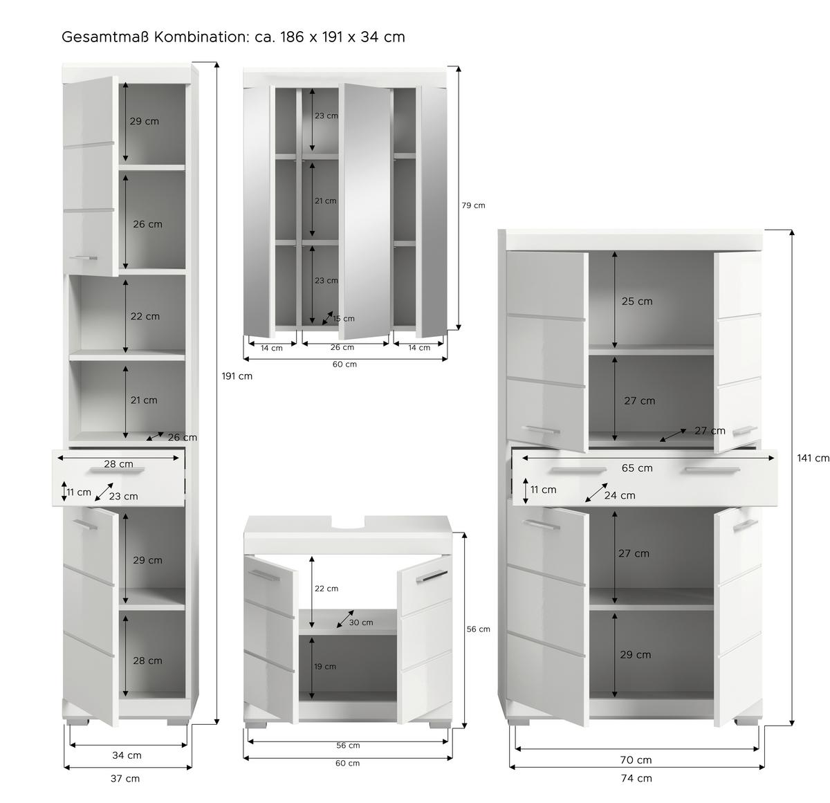 Badezimmer Scout Weiß B: 171 cm - Weiß Hochglanz/Silberfarben, MODERN, Glas/Holzwerkstoff (171cm) - MID.YOU