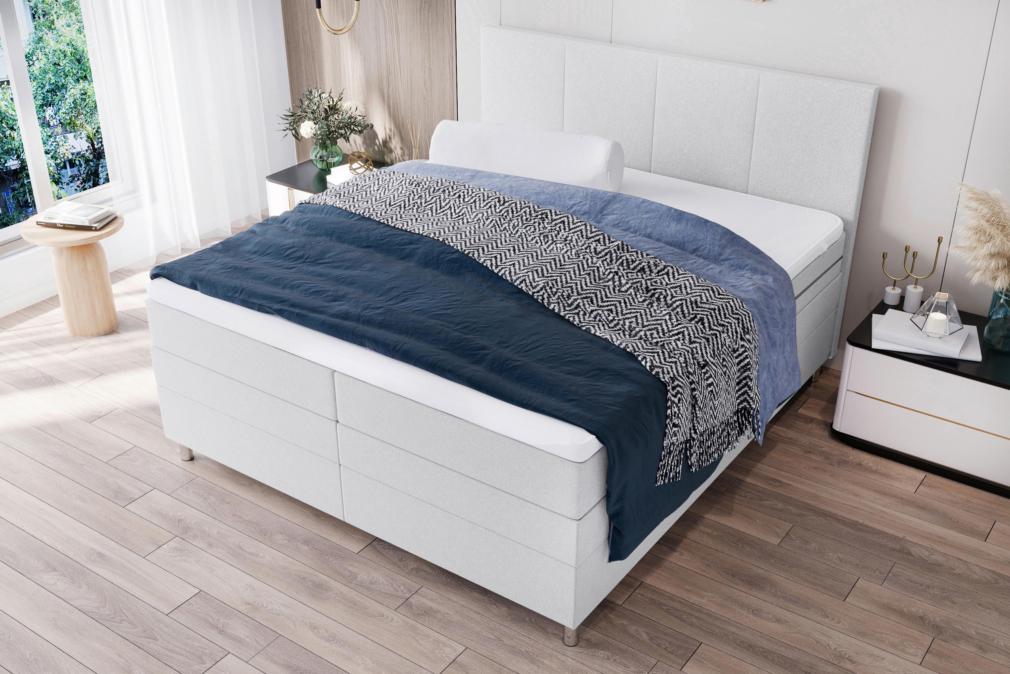 Boxspringbett mit Topper und Bettkasten 180x200 cm Messina - Chromfarben/Hellgrau, KONVENTIONELL, Textil (180/200cm)