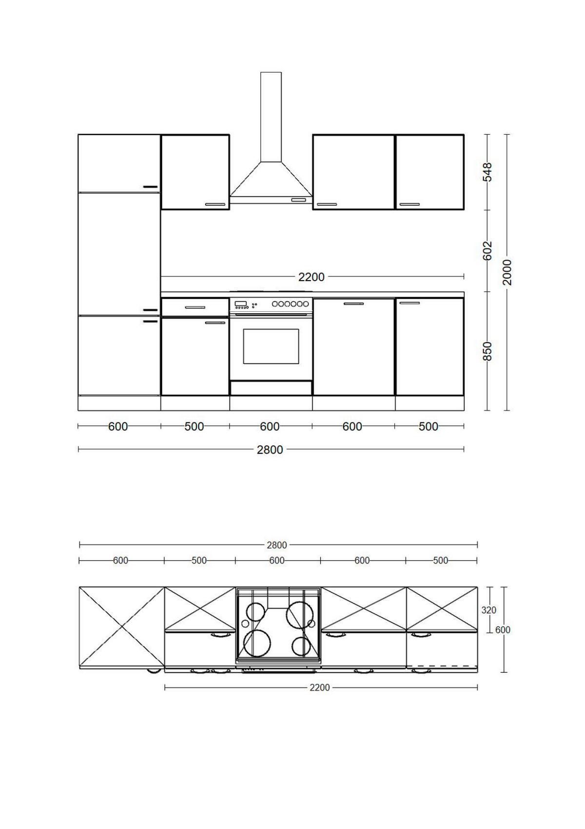 Kuchynský blok LEXA vrát.5 spotrebičov,šírka 280cm - biela/farba ušľachtilej ocele, Modern, kompozitné drevo/plast (280/200/60cm) - Based