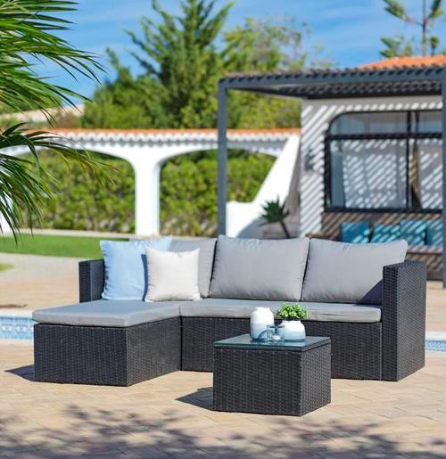Lounge-garnitúra Sky - Krém/Fekete, modern, Műanyag/Üveg (144cm) - Ondega