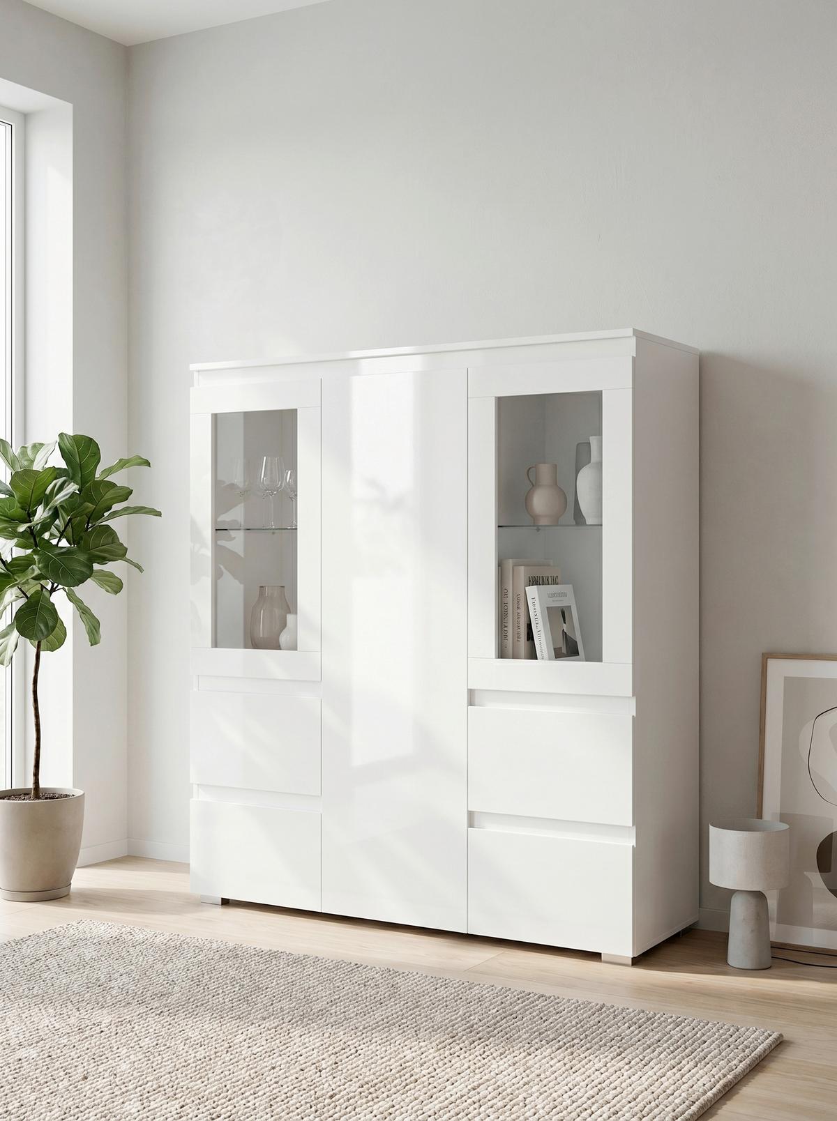 Highboard Capetown Weiß HG B: 116 cm - Weiß Hochglanz/Silberfarben, Trend, Glas/Holzwerkstoff (116/126/40cm)