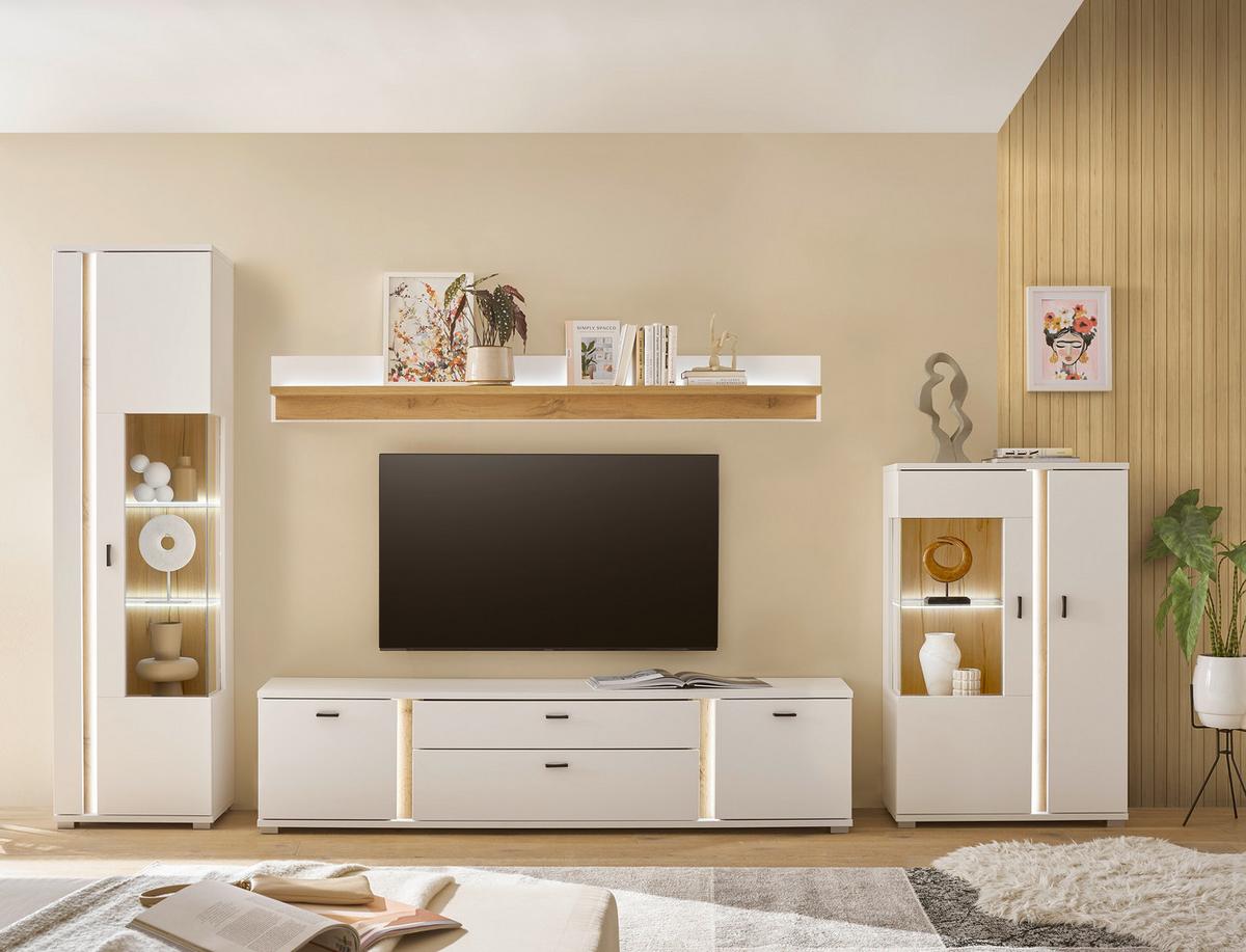 Wohnwand Long Island Weiß/Eiche Wotan B: 355cm - Silberfarben/Eiche Wotan, Design, Glas/Holzwerkstoff (355/200/42cm) - MID.YOU
