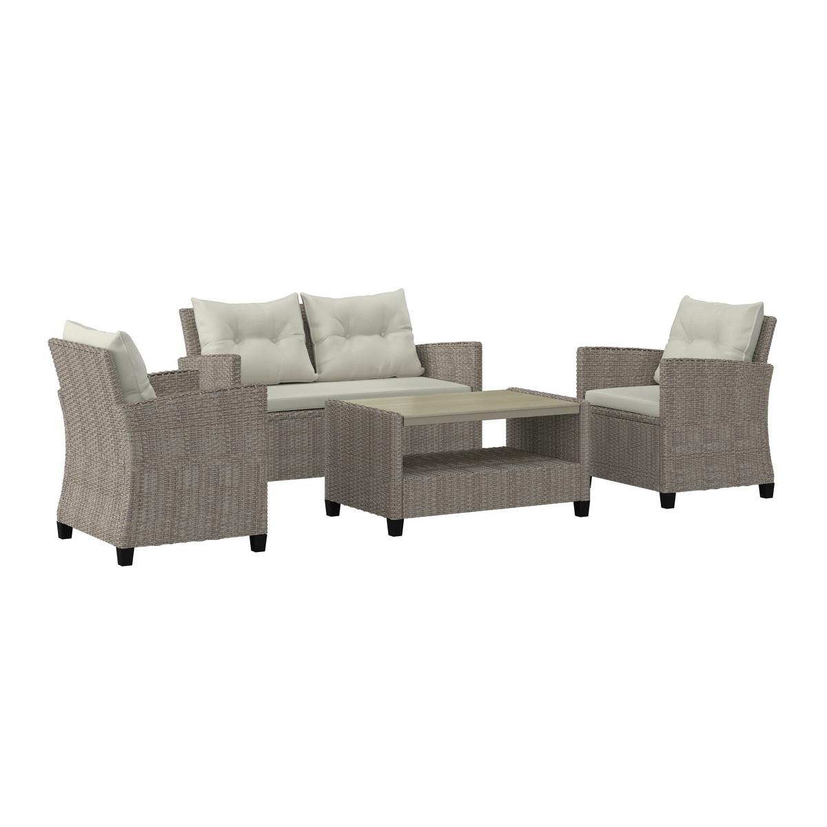 Loungegarnitur 4-Tlg. Kos Holz /Kunststoff/Metall mit Kissen - Beige/Creme, MODERN, Holzwerkstoff/Kunststoff - Luca Bessoni